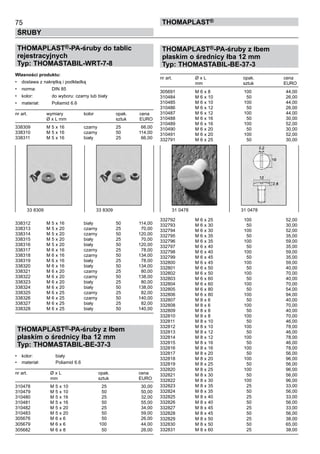 THOMAPLAST®-PA-śruby z łbem
płaskim o średnicy łba 12 mm
Typ: THOMASTABIL-BE-37-3
nr art.	 Ø x L	 opak.	 cena
	 mm	 sztuk	 EURO
305691	 M 6 x 8	 100	 44,00	
310484	 M 6 x 10	 50	 26,00	
310485	 M 6 x 10	 100	 44,00	
310486	 M 6 x 12	 50	 26,00	
310487	 M 6 x 12	 100	 44,00	
310488	 M 6 x 16	 50	 30,00	
310489	 M 6 x 16	 100	 52,00	
310490	 M 6 x 20	 50	 30,00	
310491	 M 6 x 20	 100	 52,00	
332791	 M 6 x 25	 50	 30,00
	
332792 	 M 6 x 25	 100	 52,00	
332793	 M 6 x 30	 50	 30,00	
332794	 M 6 x 30	 100	 52,00	
332795	 M 6 x 35	 50	 35,00	
332796	 M 6 x 35	 100	 59,00	
332797	 M 6 x 40	 50	 35,00	
332798	 M 6 x 40	 100	 59,00	
332799	 M 6 x 45	 50	 35,00	
332800	 M 6 x 45	 100	 59,00	
332801	 M 6 x 50	 50	 40,00	
332802	 M 6 x 50	 100	 70,00	
332803	 M 6 x 60	 50	 40,00	
332804	 M 6 x 60	 100	 70,00	
332805	 M 6 x 80	 50	 54,00	
332806	 M 6 x 80	 100	 94,00	
332807	 M 8 x 6	 50	 40,00	
332808	 M 8 x 6	 100	 70,00	
332809	 M 8 x 8	 50	 40,00	
332810	 M 8 x 8	 100	 70,00	
332811	 M 8 x 10	 50	 46,00	
332812	 M 8 x 10	 100	 78,00	
332813	 M 8 x 12	 50	 46,00	
332814	 M 8 x 12	 100	 78,00	
332815	 M 8 x 16	 50	 46,00	
332816	 M 8 x 16	 100	 78,00	
332817	 M 8 x 20	 50	 56,00	
332818	 M 8 x 20	 100	 96,00	
332819	 M 8 x 25	 50	 56,00	
332820	 M 8 x 25	 100	 96,00	
332821	 M 8 x 30	 50	 56,00	
332822	 M 8 x 30	 100	 96,00	
332823	 M 8 x 35	 25	 33,00	
332824	 M 8 x 35	 50	 56,00	
332825	 M 8 x 40	 25	 33,00	
332826	 M 8 x 40	 50	 56,00	
332827	 M 8 x 45	 25	 33,00	
332828	 M 8 x 45	 50	 56,00	
332829	 M 8 x 50	 25	 38,00	
332830	 M 8 x 50	 50	 65,00	
332831	 M 8 x 60	 25	 38,00
75
ŚRUBY
ThomaPLAST®
THOMAPLAST®-PA-śruby do tablic
rejestracyjnych
Typ: THOMASTABIL-WRT-7-8
Własności produktu:
•	 dostawa z nakrętką i podkładką
•	 norma:	 DIN 85
•	 kolor:	 do wyboru: czarny lub biały
•	 materiał:	 Poliamid 6.6
nr art.	 wymiary	 kolor	 opak.	 cena
	 Ø x L mm	 	 sztuk	 EURO
338309	 M 5 x 16	 czarny	 25	 66,00
338310	 M 5 x 16	 czarny	 50	 114,00
338311	 M 5 x 16	 biały	 25	 66,00
338312	 M 5 x 16	 biały	 50	 114,00
338313	 M 5 x 20	 czarny	 25	 70,00
338314	 M 5 x 20	 czarny	 50	 120,00
338315	 M 5 x 20	 biały	 25	 70,00
338316	 M 5 x 20	 biały	 50	 120,00
338317	 M 6 x 16	 czarny	 25	 78,00
338318	 M 6 x 16	 czarny	 50	 134,00
338319	 M 6 x 16	 biały	 25	 78,00
338320	 M 6 x 16	 biały	 50	 134,00
338321	 M 6 x 20	 czarny	 25	 80,00
338322	 M 6 x 20	 czarny	 50	 138,00
338323	 M 6 x 20	 biały	 25	 80,00
338324	 M 6 x 20	 biały	 50	 138,00
338325	 M 6 x 25	 czarny	 25	 82,00
338326	 M 6 x 25	 czarny	 50	 140,00
338327	 M 6 x 25	 biały	 25	 82,00
338328	 M 6 x 25	 biały	 50	 140,00
	
THOMAPLAST®-PA-śruby z łbem
płaskim o średnicy łba 12 mm
Typ: THOMASTABIL-BE-37-3
•	 kolor:	 biały
•	 materiał:	 Poliamid 6.6
nr art.	 Ø x L	 opak.	 cena
	 mm	 sztuk	 EURO
310478	 M 5 x 10	 25	 30,00	
310479	 M 5 x 10	 50	 50,00	
310480	 M 5 x 16	 25	 32,00	
310481	 M 5 x 16	 50	 55,00	
310482	 M 5 x 20	 25	 34,00	
310483	 M 5 x 20	 50	 59,00	
305676	 M 6 x 6	 50	 26,00	
305679	 M 6 x 6	 100	 44,00	
305682	 M 6 x 8	 50	 26,00
33 8309	 33 8309 31 0478	 31 0478
 