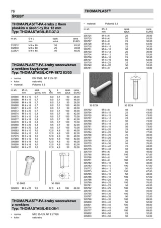 •	 materiał:	 Poliamid 6.6
nr art.	 Ø x L	 opak.	 cena
	 mm	 sztuk	 EURO
305724	 M 4 x 6	 25	 30,00	
305725	 M 4 x 6	 50	 53,00	
305727	 M 4 x 8	 25	 30,00	
305728	 M 4 x 8	 50	 53,00	
305730	 M 4 x 10	 25	 30,00	
305731	 M 4 x 10	 50	 53,00	
305733	 M 4 x 12	 25	 30,00	
305734	 M 4 x 12	 50	 53,00	
305736	 M 4 x 16	 25	 30,00	
305737	 M 4 x 16	 50	 53,00	
305739	 M 4 x 20	 25	 30,00	
305740	 M 4 x 20	 50	 53,00	
305751	 M 5 x 8	 25	 43,00	
	
	
	
	
	
	
	
	
	
	
	
	
	
	
305752	 M 5 x 8	 50	 73,00	
305754	 M 5 x 10	 25	 43,00	
305755	 M 5 x 10	 50	 73,00	
305757	 M 5 x 12	 25	 43,00	
305758	 M 5 x 12	 50	 73,00	
305760	 M 5 x 16	 25	 43,00	
305761	 M 5 x 16	 50	 73,00	
305763	 M 5 x 20	 25	 46,00	
305764	 M 5 x 20	 50	 77,00	
305766	 M 5 x 25	 25	 46,00	
305767	 M 5 x 25	 50	 76,00	
305769	 M 5 x 30	 25	 46,00	
305770	 M 5 x 30	 50	 76,00	
305775	 M 5 x 40	 25	 48,00	
305776	 M 5 x 40	 50	 80,00	
305779	 M 6 x 6	 50	 40,00	
305780	 M 6 x 6	 100	 67,00	
305768	 M 6 x 8	 50	 40,00	
305771	 M 6 x 8	 100	 67,00	
305782	 M 6 x 10	 50	 40,00	
305783	 M 6 x 10	 100	 67,00	
305772	 M 6 x 12	 50	 40,00	
305773	 M 6 x 12	 100	 67,00	
305785	 M 6 x 16	 50	 40,00	
305786	 M 6 x 16	 100	 67,00	
305788	 M 6 x 20	 50	 45,00	
305789	 M 6 x 20	 100	 76,00	
305791	 M 6 x 25	 50	 45,00	
305792	 M 6 x 25	 100	 76,00	
305794	 M 6 x 30	 50	 45,00	
305795	 M 6 x 30	 100	 76,00	
305797	 M 6 x 35	 50	 52,00	
305798	 M 6 x 35	 100	 89,00	
305800	 M 6 x 40	 50	 52,00	
305801	 M 6 x 40	 100	 89,00	
305774	 M 6 x 45	 50	 52,00	
305777	 M 6 x 45	 100	 89,00	
305802	 M 6 x 50	 25	 32,00	
305803	 M 6 x 50	 50	 54,00
76
ŚRUBY
ThomaPLAST®
THOMAPLAST®-PA-śruby z łbem
płaskim o średnicy łba 12 mm
Typ: THOMASTABIL-BE-37-3
nr art.	 Ø x L	 opak.	 cena
	 mm	 sztuk	 EURO
332832	 M 8 x 60	 50	 65,00	
332833	 M 8 x 80	 25	 49,00	
332834	 M 8 x 80	 50	 85,00
THOMAPLAST®-PA-śruby soczewkowe
z rowkiem krzyżowym
Typ: THOMASTABIL-CPP-1972 83/05
•	 norma:	 DIN 7985,  NF E 25-121
•	 kolor:	 naturalny
•	 materiał:	 Poliamid 6.6
nr art.	 Ø x L	 skok	 d
k
	 k	 opak.	 cena
	 mm	 gwintu mm	 mm	 mm	 sztuk	 EURO
305665	 M 4 x 10	 0,7	 8,0	 3,1	 50	 28,00
305666	 M 4 x 10	 0,7	 8,0	 3,1	 100	 48,00
305668	 M 4 x 16	 0,7	 8,0	 3,1	 50	 28,00
305669	 M 4 x 16	 0,7	 8,0	 3,1	 100	 48,00
305671	 M 4 x 20	 0,7	 8,0	 3,1	 50	 28,00
305672	 M 4 x 20	 0,7	 8,0	 3,1	 100	 48,00
305674	 M 5 x 10	 0,8	 9,5	 3,7	 50	 42,00
305675	 M 5 x 10	 0,8	 9,5	 3,7	 100	 70,00
305677	 M 5 x 16	 0,8	 9,5	 3,7	 50	 42,00
305678	 M 5 x 16	 0,8	 9,5	 3,7	 100	 70,00
305680	 M 5 x 20	 0,8	 9,5	 3,7	 50	 42,00
305681	 M 5 x 20	 0,8	 9,5	 3,7	 100	 70,00
305683	 M 6 x 10	 1,0	 12,0	 4,6	 50	 48,00
305684	 M 6 x 10	 1,0	 12,0	 4,6	 100	 82,00
337279	 M 6 x 12	 1,0	 12,0	 4,6	 50	 48,00
337280	 M 6 x 12	 1,0	 12,0	 4,6	 100	 82,00
305689	 M 6 x 16	 1,0	 12,0	 4,6	 50	 48,00
305690	 M 6 x 16	 1,0	 12,0	 4,6	 100	 82,00
305692	 M 6 x 20	 1,0	 12,0	 4,6	 50	 50,00
305693	 M 6 x 20	 1,0	 12,0	 4,6	 100	 86,00
THOMAPLAST®-PA-śruby soczewkowe
z rowkiem
Typ: THOMASTABIL-BE-36-1
•	 norma:	 NFE 25-129, NF E 27128
•	 kolor:	 naturalny
30 5724	 30 5724
30 5665	 30 5665
 