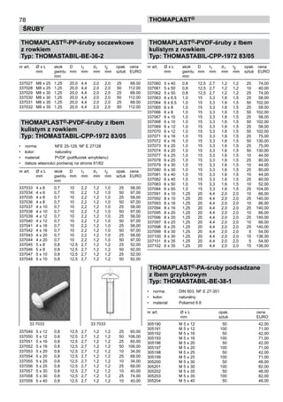 THOMAPLAST®-PP-śruby soczewkowe
z rowkiem
Typ: THOMASTABIL-BE-36-2
nr art.	 Ø x L	 skok	 D	 I1	 d1	 I2	 opak.	 cena
	 mm	 gwintu 	 mm	 mm	 mm	 mm	 sztuk	 EURO
	 	 mm
337027	 M8 x 25	 1,25	 20,0	 4,4	 2,0	 2,0	 25	 68.00	
337028	 M8 x 25	 1,25	 20,0	 4,4	 2,0	 2,0	 50	 112.00	
337029	 M8 x 30	 1,25	 20,0	 4,4	 2,0	 2,0	 25	 68.00	
337030	 M8 x 30	 1,25	 20,0	 4,4	 2,0	 2,0	 50	 112.00	
337031	 M8 x 35	 1,25	 20,0	 4,4	 2,0	 2,0	 25	 68.00	
337032	 M8 x 35	 1,25	 20,0	 4,4	 2,0	 2,0	 50	 112.00
THOMAPLAST®-PVDF-śruby z łbem
kulistym z rowkiem
Typ: THOMASTABIL-CPP-1972 83/05
•	 norma:	 NFE 25-129, NF E 27128
•	 kolor:	 naturalny
•	 materiał:	 PVDF (polifluorek winylidenu)
•	 dalsze własności porównaj na stronie 61/62
nr art.	 Ø x L	 skok	 D	 I1	 d1	 I2	 opak.	 cena
	 mm	 gwintu 	 mm	 mm	 mm	 mm	 sztuk	 EURO
	 	 mm
337033	 4 x 6	 0,7	 10	 2,2	 1,2	 1,0	 25	 58,00	
337034	 4 x 6	 0,7	 10	 2,2	 1,2	 1,0	 50	 97,00	
337035	 4 x 8	 0,7	 10	 2,2	 1,2	 1,0	 25	 58,00	
337036	 4 x 8	 0,7	 10	 2,2	 1,2	 1,0	 50	 97,00	
337037	 4 x 10	 0,7	 10	 2,2	 1,2	 1,0	 25	 58,00	
337038	 4 x 10	 0,7	 10	 2,2	 1,2	 1,0	 50	 97,00	
337039	 4 x 12	 0,7	 10	 2,2	 1,2	 1,0	 25	 58,00	
337040	 4 x 12	 0,7	 10	 2,2	 1,2	 1,0	 50	 97,00	
337041	 4 x 16	 0,7	 10	 2,2	 1,2	 1,0	 25	 58,00	
337042	 4 x 16	 0,7	 10	 2,2	 1,2	 1,0	 50	 97,00	
337043	 4 x 20	 0,7	 10	 2,2	 1,2	 1,0	 25	 58,00	
337044	 4 x 20	 0,7	 10	 2,2	 1,2	 1,0	 50	 97,00	
337045	 5 x 8	 0,8	 12,5	 2,7	 1,2	 1,2	 25	 52,00	
337046	 5 x 8	 0,8	 12,5	 2,7	 1,2	 1,2	 50	 92,00	
337047	 5 x 10	 0,8	 12,5	 2,7	 1,2	 1,2	 25	 52,00	
337048	 5 x 10	 0,8	 12,5	 2,7	 1,2	 1,2	 50	 92,00	
	
	
	
	
	
	
	
	
	
	
	
	
	
	
337049	 5 x 12	 0,8	 12,5	 2,7	 1,2	 1,2	 25	 60,00	
337050	 5 x 12	 0,8	 12,5	 2,7	 1,2	 1,2	 50	 106,00	
337051	 5 x 16	 0,8	 12,5	 2,7	 1,2	 1,2	 25	 60,00	
337052	 5 x 16	 0,8	 12,5	 2,7	 1,2	 1,2	 50	 106,00	
337053	 5 x 20	 0,8	 12,5	 2,7	 1,2	 1,2	 10	 34,00	
337054	 5 x 20	 0,8	 12,5	 2,7	 1,2	 1,2	 25	 68,00	
337055	 5 x 25	 0,8	 12,5	 2,7	 1,2	 1,2	 10	 34,00	
337056	 5 x 25	 0,8	 12,5	 2,7	 1,2	 1,2	 25	 68,00	
337057	 5 x 30	 0,8	 12,5	 2,7	 1,2	 1,2	 10	 40,00	
337058	 5 x 30	 0,8	 12,5	 2,7	 1,2	 1,2	 25	 74,00	
337059	 5 x 40	 0,8	 12,5	 2,7	 1,2	 1,2	 10	 40,00
78
ŚRUBY
ThomaPLAST®
THOMAPLAST®-PVDF-śruby z łbem
kulistym z rowkiem
Typ: THOMASTABIL-CPP-1972 83/05
nr art.	 Ø x L	 skok	 D	 I1	 d1	 I2	 opak.	 cena
	 mm	 gwintu 	 mm	 mm	 mm	 mm	 sztuk	 EURO
	 	 mm
337060	 5 x 40	 0,8	 12,5	 2,7	 1,2	 1,2	 25	 74,00	
337061	 5 x 50	 0,8	 12,5	 2,7	 1,2	 1,2	 10	 40,00	
337062	 5 x 50	 0,8	 12,5	 2,7	 1,2	 1,2	 25	 74,00	
337063	 6 x 6,5	 1,0	 15	 3,3	 1,6	 1,5	 25	 58,00	
337064	 6 x 6,5	 1,0	 15	 3,3	 1,6	 1,5	 50	 102,00	
337065	 6 x 8	 1,0	 15	 3,3	 1,6	 1,5	 25	 58,00	
337066	 6 x 8	 1,0	 15	 3,3	 1,6	 1,5	 50	 102,00	
337067	 6 x 10	 1,0	 15	 3,3	 1,6	 1,5	 25	 58,00	
337068	 6 x 10	 1,0	 15	 3,3	 1,6	 1,5	 50	 102,00	
337069	 6 x 12	 1,0	 15	 3,3	 1,6	 1,5	 25	 58,00	
337070	 6 x 12	 1,0	 15	 3,3	 1,6	 1,5	 50	 102,00	
337071	 6 x 16	 1,0	 15	 3,3	 1,6	 1,5	 25	 75,00	
337072	 6 x 16	 1,0	 15	 3,3	 1,6	 1,5	 50	 130,00	
337073	 6 x 20	 1,0	 15	 3,3	 1,6	 1,5	 25	 75,00	
337074	 6 x 20	 1,0	 15	 3,3	 1,6	 1,5	 50	 130,00	
337077	 6 x 25	 1,0	 15	 3,3	 1,6	 1,5	 10	 44,00	
337078	 6 x 25	 1,0	 15	 3,3	 1,6	 1,5	 25	 80,00	
337079	 6 x 30	 1,0	 15	 3,3	 1,6	 1,5	 10	 44,00	
337080	 6 x 30	 1,0	 15	 3,3	 1,6	 1,5	 25	 80,00	
337081	 6 x 40	 1,0	 15	 3,3	 1,6	 1,5	 10	 44,00	
337082	 6 x 40	 1,0	 15	 3,3	 1,6	 1,5	 25	 80,00	
337083	 6 x 50	 1,0	 15	 3,3	 1,6	 1,5	 10	 52,00	
337084	 6 x 50	 1,0	 15	 3,3	 1,6	 1,5	 25	 104,00	
337091	 8 x 10	 1,25	 20	 4,4	 2,0	 2,0	 10	 66,00	
337092	 8 x 10	 1,25	 20	 4,4	 2,0	 2,0	 25	 140,00	
337093	 8 x 16	 1,25	 20	 4,4	 2,0	 2,0	 10	 66,00	
337094	 8 x 16	 1,25	 20	 4,4	 2,0	 2,0	 25	 140,00	
337095	 8 x 20	 1,25	 20	 4,4	 2,0	 2,0	 10	 66,00	
337096	 8 x 20	 1,25	 20	 4,4	 2,0	 2,0	 25	 140,00	
337097	 8 x 25	 1,25	 20	 4,4	 2,0	 2,0	 10	 66,00	
337098	 8 x 25	 1,25	 20	 4,4	 2,0	 2,0	 25	 140,00	
337099	 8 x 30	 1,25	 20	 4,4	 2,0	 2,0	   5	 54,00	
337100	 8 x 30	 1,25	 20	 4,4	 2,0	 2,0	 15	 136,00	
337101	 8 x 35	 1,25	 20	 4,4	 2,0	 2,0	   5	 54,00	
337102	 8 x 35	 1,25	 20	 4,4	 2,0	 2,0	 15	 136,00
THOMAPLAST®-PA-śruby podsadzane
z łbem grzybkowym
Typ: THOMASTABIL-BE-38-1
•	 norma:	 DIN 603, NF E 27-351
•	 kolor:	 naturalny
•	 materiał:	 Poliamid 6.6
nr art.	 Ø x L	 opak.	 cena
	 mm	 sztuk	 EURO
305190	 M 5 x 12	 50	 42,00	
305191	 M 5 x 12	 100	 71,00	
305192	 M 5 x 16	 50	 42,00	
305193	 M 5 x 16	 100	 71,00	
305196	 M 5 x 20	 50	 42,00	
305197	 M 5 x 20	 100	 71,00	
305198	 M 5 x 25	 50	 42,00	
305199	 M 5 x 25	 100	 71,00	
305200	 M 5 x 30	 50	 48,00	
305201	 M 5 x 30	 100	 82,00	
305202	 M 5 x 35	 50	 48,00	
305203	 M 5 x 35	 100	 82,00	
305204	 M 5 x 40	 50	 48,00
33 7033	 33 7033
 