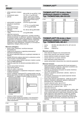 •	 próba (udarności z karben) 	
Izoda:	 800 do 850 J/m wg ASTM  D 256
•	 przewodność cieplna:	 0,21 W/m x K wg DIN 5261  
•	 palność:	 zapalny, gaśnie poza źródłem 	
		 zapłonu, przy spalaniu powstaje 	
		 sadza (zapach fenolu) wg UL-	
		 Standard 94
•	 wytrzymałość na przebicie:	 35 kV/mm wg DIN 53481
•	 specyficzna rezystancja 	
skrośna:	 > 1017 Ω x cm wg DIN 53482
•	 opór powierzchniowy:	 > 1015 Ω wg DIN 53482
•	 odporność na prądy 	
pełzające:	 KC: 255 do 300 wg DIN 53480
•	 stała dielektryczna wzg. przy 	
1 MHz:	 2,9 wg DIN 53483
•	 odporność chemiczna:	 	
odporny na wiele kwasów organicznych, na kwasy minerale o
wysokiej koncentracji, na utleniacze i reduktory, tłuszcze i oleje,
na neutralne i kwaśne roztwory soli, alifatyczne i cykloalifatyczne
węglowodory oraz alkohole z wyjątkiem alkoholu metylowego,
dobrze odporny na większość środków czyszczących i ługi
odciekowe na bazie detergentów, nieodporny na aromatyczne
węglowodory, halogeny, ketony oraz ługi
Własności poliwęglanu:
•	 bardzo czyste, bezbarwne i amorficzne tworzywo 	
termoplastyczne
•	 nadaje się do stosowania w najbardziej ekstremalnych 	
warunkach atmosferycznych
•	 jest obecnie najbardziej odpornym na pęknięcia materiałem do
szklenia
•	 posiada 250-krotnie większą odporność na uderzenia w porów-
naniu do szyby o tej samej grubości
•	 od 30 do 40 razy wyższa wartość udarności z karbem w porów-
naniu do PMMA (pleksiglas)
•	 znakomita odporność na uderzenia pozostaje stabilna aż do
-40°C
•	 wysoka wytrzymałość termiczna
•	 niska wartość pełzania
•	 zdatny do użytku z żywnością
•	 znajduje zastosowanie w urządzeniach medycznych z uwagi na
możliwość sterylizacji
•	 pomimo możliwości czyszczenia PC w gorącej wodzie oraz ste-
rylizacji parą wodną, nie zaleca się stałego stosowania w wodzie
powyżej 60 C, ze względu na ujemny wpływ na udarność 	
	
	
	
	
	
	
	
	
	
	
	
	
	
	
materiału w takich warunkach
•	 przepuszczalność światła przy grubości 1 mm wynosi 90 %,
przy 10 mm 80 % podczas gdy promienie UV są niemal w
całości absorbowane
nr art.	 Ø x L	 opak.	 cena
	 mm	 sztuk	 EURO
314742	 M 3 x 20	 25	 78,00	
314743	 M 3 x 20	 50	 136,00	
314744	 M 4 x 10	 25	 80,00	
314745	 M 4 x 10	 50	 138,00
	
THOMAPLAST®-PC-śruby z łbem
stożkowym płaskim z rowkiem
Typ: THOMASTABIL-BN-232-253
nr art.	 Ø x L	 opak.	 cena
	 mm	 sztuk	 EURO
314756	 M 4 x 20	 25	 88,00	
314757	 M 4 x 20	 50	 152,00	
314876	 M 4 x 30	 25	 100,00	
314877	 M 4 x 30	 50	 172,00
314886	 M 5 x 16	 25	 102,00	
314887	 M 5 x 16	 50	 176,00	
314890	 M 5 x 30	 25	 106,00	
314891	 M 5 x 30	 50	 182,00
THOMAPLAST®-PA-śruby z łbem
stożkowym płaskim z rowkiem
Typ: THOMASTABIL-BE-40-1
•	 norma:	 DIN 963, ISO 2009, NFE 27131, NF E 25-123
•	 kolor:	 naturalny
•	 materiał:	 Poliamid 6.6
Własności produktu:
•	 dobre własności ślizgowe oraz przeciwzatarciowe
•	 bardzo dobra udarność oraz udarność z karbem
•	 wysoka stabilność kształtu pod wpływem ciepła
•	 wysoka odporność na zużycie i ścieranie
•	 dobre właściwości izolacji elektrycznej
•	 wysoka wytrzymałość zmęczeniowa oraz znakomita sprężystość
Własności tworzywa:
•	 wśród niewzmocnionych paliamidów PA 6.6 jest tworzywem o
najwyższej twardości, sztywności, odporności na ścieranie oraz
stabilności kształtu pod wpływem ciepła
•	 poliamidy są uniwersalnym tworzywem do wyrobu mechanicz-
nych części funkcjonalnych
•	 odporny na obciążenia uderzeniowe i udarowe,  odporny na
ścieranie i zimno
•	 wytrzymałość mechaniczna oraz wysoka sztywność również
przy niskich temperaturach
•	 bardzo dobre własności technologiczne,  nadaje się do cięcia,
wiercenia, frezowania, szlifowania, spawania, polerowania,
lakierowania oraz  nadrukowywania
•	 korzystne własności palne: wg UL 94 V2
•	 odporny na niskie temperatury do co najmniej -30°C
•	 stała odporność na ciepło do maks.  120°C
•	 odporność chemiczna:	
	 odporny na aromatyczne i alifatyczne węglowodory, paliwa, oleje
i smary mineralne jak również na alkohole, estry, ketony, etery i
aminy; średnia odporność na słabe kwasy mineralne oraz słabe
kwasy organiczne; dobra odporność na słabe ługi, jednakże
tylko umiarkowana odporność na mocne ługi; nieodporny na
kwasy utleniające, mocne kwasy mineralne oraz mocne kwasy
organiczne jak również fenole; umiarkowana odporność na
hydrolizę
nr art.	 Ø x L	 opak.	 cena
	 mm	 sztuk	 EURO
305310	 M 3 x 6	 50	 32,00	
305311	 M 3 x 6	 100	 54,00	
305312	 M 3 x 8	 50	 32,00	
305313	 M 3 x 8	 100	 54,00	
305314	 M 3 x 10	 50	 32,00
84
ŚRUBY
ThomaPLAST®
31 4742	 31 4742
 