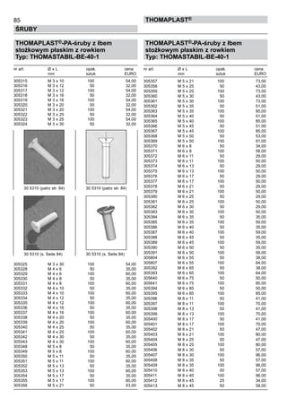 85
ŚRUBY
ThomaPLAST®
THOMAPLAST®-PA-śruby z łbem
stożkowym płaskim z rowkiem
Typ: THOMASTABIL-BE-40-1
	
nr art.	 Ø x L	 opak.	 cena
	 mm	 sztuk	 EURO
305315	 M 3 x 10	 100	 54,00
305316	 M 3 x 12	 50	 32,00	
305317	 M 3 x 12	 100	 54,00	
305318	 M 3 x 16	 50	 32,00	
305319	 M 3 x 16	 100	 54,00	
305320	 M 3 x 20	 50	 32,00	
305321	 M 3 x 20	 100	 54,00	
305322	 M 3 x 25	 50	 32,00	
305323	 M 3 x 25	 100	 54,00	
305324	 M 3 x 30	 50	 32,00	
	
	
	
	
	
	
	
	
	
	
	
	
	
	
	
	
	
	
	
	
	
	
	
	
	
	
	
	
305325	 M 3 x 30	 100	 54,00	
305328	 M 4 x 6	 50	 35,00	
305329	 M 4 x 6	 100	 60,00	
305330	 M 4 x 8	 50	 35,00	
305331	 M 4 x 8	 100	 60,00	
305332	 M 4 x 10	 50	 35,00	
305333	 M 4 x 10	 100	 60,00	
305334	 M 4 x 12	 50	 35,00	
305335	 M 4 x 12	 100	 60,00	
305336	 M 4 x 16	 50	 35,00	
305337	 M 4 x 16	 100	 60,00	
305338	 M 4 x 20	 50	 35,00	
305339	 M 4 x 20	 100	 60,00	
305340	 M 4 x 25	 50	 35,00	
305341	 M 4 x 25	 100	 60,00	
305342	 M 4 x 30	 50	 35,00	
305343	 M 4 x 30	 100	 60,00	
305348	 M 5 x 8	 50	 35,00	
305349	 M 5 x 8	 100	 60,00	
305350	 M 5 x 11	 50	 35,00	
305351	 M 5 x 11	 100	 60,00	
305352	 M 5 x 13	 50	 35,00	
305353	 M 5 x 13	 100	 60,00	
305354	 M 5 x 17	 50	 35,00	
305355	 M 5 x 17	 100	 60,00	
305356	 M 5 x 21	 50	 43,00
THOMAPLAST®-PA-śruby z łbem
stożkowym płaskim z rowkiem
Typ: THOMASTABIL-BE-40-1
	
nr art.	 Ø x L	 opak.	 cena
	 mm	 sztuk	 EURO
305357	 M 5 x 21	 100	 73,00	
305358	 M 5 x 25	 50	 43,00	
305359	 M 5 x 25	 100	 73,00	
305360	 M 5 x 30	 50	 43,00	
305361	 M 5 x 30	 100	 73,00	
305362	 M 5 x 35	 50	 51,00	
305363	 M 5 x 35	 100	 85,00	
305364	 M 5 x 40	 50	 51,00	
305365	 M 5 x 40	 100	 85,00	
305366	 M 5 x 45	 50	 51,00	
305367	 M 5 x 45	 100	 85,00	
305368	 M 5 x 50	 50	 53,00	
305369	 M 5 x 50	 100	 91,00	
305370	 M 6 x 8	 50	 34,00	
305371	 M 6 x 8	 100	 58,00	
305372	 M 6 x 11	 50	 29,00	
305373	 M 6 x 11	 100	 50,00	
305374	 M 6 x 13	 50	 29,00	
305375	 M 6 x 13	 100	 50,00	
305376	 M 6 x 17	 50	 29,00	
305377	 M 6 x 17	 100	 50,00	
305378	 M 6 x 21	 50	 29,00	
305379	 M 6 x 21	 100	 50,00	
305380	 M 6 x 25	 50	 29,00	
305381	 M 6 x 25	 100	 50,00	
305382	 M 6 x 30	 50	 29,00	
305383	 M 6 x 30	 100	 50,00	
305384	 M 6 x 35	 50	 35,00	
305385	 M 6 x 35	 100	 59,00	
305386	 M 6 x 40	 50	 35,00	
305387	 M 6 x 40	 100	 59,00	
305388	 M 6 x 45	 50	 35,00	
305389	 M 6 x 45	 100	 59,00	
305390	 M 6 x 50	 50	 35,00	
305391	 M 6 x 50	 100	 59,00	
305804	 M 6 x 55	 50	 38,00	
305807	 M 6 x 55	 100	 64,00	
305392	 M 6 x 65	 50	 38,00	
305393	 M 6 x 65	 100	 64,00	
305640	 M 6 x 75	 50	 50,00	
305641	 M 6 x 75	 100	 85,00	
305394	 M 6 x 85	 50	 50,00	
305395	 M 6 x 85	 100	 85,00	
305396	 M 8 x 11	 50	 41,00	
305397	 M 8 x 11	 100	 70,00	
305398	 M 8 x 13	 50	 41,00	
305399	 M 8 x 13	 100	 70,00	
305400	 M 8 x 17	 50	 41,00	
305401	 M 8 x 17	 100	 70,00	
305402	 M 8 x 21	 50	 47,00	
305403	 M 8 x 21	 100	 80,00	
305404	 M 8 x 25	 50	 47,00	
305405	 M 8 x 25	 100	 80,00	
305406	 M 8 x 30	 50	 57,00	
305407	 M 8 x 30	 100	 96,00	
305408	 M 8 x 35	 50	 57,00	
305409	 M 8 x 35	 100	 96,00	
305410	 M 8 x 40	 50	 57,00	
305411	 M 8 x 40	 100	 96,00	
305412	 M 8 x 45	 25	 34,00	
305413	 M 8 x 45	 50	 58,00
30 5310 (patrz str. 84)	 30 5310 (patrz str. 84)
30 5310 (s. Seite 84)	 30 5310 (s. Seite 84)
 