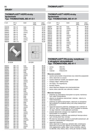 95
ŚRUBY
ThomaPLAST®
THOMAPLAST®-HDPE-śruby
łączeniowe
Typ: THOMASTABIL-BE-41-5-1
nr art.	 Ø x L	 kolor	 opak.	 cena
	 mm	 	 sztuk	 EURO
306236	 M4 x 6	 biały	 25	 52,00	
306237	 M4 x 6	 biały	 50	 86,00	
305642	 M4 x 6	 czarny	 25	 52,00	
305643	 M4 x 6	 czarny	 50	 86,00	
306238	 M4 x 8	 biały	 25	 52,00	
306239	 M4 x 8	 biały	 50	 86,00	
305644	 M4 x 8	 czarny	 25	 52,00	
305645	 M4 x 8	 czarny	 50	 86,00	
306240	 M4 x 10	 biały	 25	 52,00	
	
	
	
	
	
	
	
	
	
	
	
	
	
	
306241	 M4 x 10	 biały	 50	 86,00	
305646	 M4 x 10	 czarny	 25	 52,00	
305647	 M4 x 10	 czarny	 50	 86,00	
306242	 M4 x 12	 biały	 25	 59,00	
306243	 M4 x 12	 biały	 50	 98,00	
305648	 M4 x 12	 czarny	 25	 59,00	
305649	 M4 x 12	 czarny	 50	 98,00	
306244	 M4 x 16	 biały	 25	 59,00	
306245	 M4 x 16	 biały	 50	 98,00	
305650	 M4 x 16	 czarny	 25	 59,00	
305651	 M4 x 16	 czarny	 50	 98,00	
306246	 M4 x 20	 biały	 25	 59,00	
306247	 M4 x 20	 biały	 50	 98,00	
305652	 M4 x 20	 czarny	 25	 59,00	
305653	 M4 x 20	 czarny	 50	 98,00	
306248	 M4 x 25	 biały	 25	 59,00	
306249	 M4 x 25	 biały	 50	 98,00	
305654	 M4 x 25	 czarny	 25	 59,00	
305655	 M4 x 25	 czarny	 50	 98,00	
306250	 M4 x 30	 biały	 25	 59,00	
306251	 M4 x 30	 biały	 50	 98,00	
306232	 M4 x 30	 czarny	 25	 59,00	
306233	 M4 x 30	 czarny	 50	 98,00	
306252	 M4 x 35	 biały	 20	 56,00	
306253	 M4 x 35	 biały	 40	 93,00	
306270	 M4 x 35	 czarny	 20	 56,00	
306271	 M4 x 35	 czarny	 40	 93,00	
306254	 M4 x 40	 biały	 20	 56,00	
306255	 M4 x 40	 biały	 40	 93,00	
306288	 M4 x 40	 czarny	 20	 56,00	
306289	 M4 x 40	 czarny	 40	 93,00	
306256	 M4 x 45	 biały	 20	 56,00	
306257	 M4 x 45	 biały	 40	 93,00	
306290	 M4 x 45	 czarny	 20	 56,00	
306291	 M4 x 45	 schwarz	 40	 93,00	
306258	 M4 x 50	 biały	 20	 56,00	
306259	 M4 x 50	 biały	 40	 93,00	
306312	 M4 x 50	 czarny	 20	 56,00	
306313	 M4 x 50	 czarny	 40	 93,00	
306260	 M4 x 55	 biały	 20	 54,00
THOMAPLAST®-HDPE-śruby
łączeniowe
Typ: THOMASTABIL-BE-41-51
nr art.	 Ø x L	 kolor	 opak.	 cena
	 mm	 	 sztuk	 EURO
306261	 M4 x 55	 biały	 40	 96,00	
306739	 M4 x 55	 czarny	 20	 54,00	
306741	 M4 x 55	 czarny	 40	 96,00	
306262	 M4 x 60	 biały	 20	 54,00	
306263	 M4 x 60	 biały	 40	 96,00	
306743	 M4 x 60	 czarny	 20	 54,00	
306745	 M4 x 60	 czarny	 40	 96,00	
306264	 M4 x 65	 biały	 20	 54,00	
306265	 M4 x 65	 biały	 40	 96,00	
306747	 M4 x 65	 czarny	 20	 54,00	
306749	 M4 x 65	 czarny	 40	 96,00	
306266	 M4 x 70	 biały	 20	 54,00	
306267	 M4 x 70	 biały	 40	 96,00	
306268	 M4 x 70	 czarny	 20	 54,00	
306269	 M4 x 70	 czarny	 40	 96,00
THOMAPLAST®-PA-śruby motylkowe
z okrągłymi skrzydełkami
Typ: THOMASTABIL-BE-41-1
•	 norma:	 DIN 316
•	 kolor:	 naturalny
•	 materiał:	 Poliamid 6.6
Własności produktu:
•	 wysoka wytrzymałość zmęczeniowa oraz znakomita sprężystość
•	 dobra odporność na zużycie
•	 wysoka stabilność kształtu pod wpływem ciepła
•	 izolujący wilgoć i elektryczność
•	 nie trujący i nie magnetyczny
•	 tłumiący drgania
•	 dobre własności ślizgowe oraz przeciwzatarciowe
•	 bardzo dobra udarność oraz udarność z karbem
Własności tworzywa:
•	 poliamidy są uniwersalnym tworzywem do wyrobu mechanicz-
nych części funkcjonalnych
•	 odporny na obciążenia uderzeniowe i udarowe,  odporny na
niskie temperatury
•	 poliamidy są ogólnie wytrzymałymi, odpornymi na obciążenia
(ale wrażliwymi na działanie karbu) oraz dosyć elastycznymi
polimerami
•	 odporność termiczna poliamidu zawierająca się w zakresie od
-30°C do  100°C ( krótkotrwale do 120°C) pozwala na stosowa-
nie tego materiału w wielu gałęziach przemysłu
•	 posiada właściwości izolujące oraz wyjątkowo wysoką
wytrzymałość na rozciąganie
•	 elementy łączące z poliamidu oraz podobnych tworzyw sztucz-
nych chronią przed rdzą i korozją
•	 PA może być stosowane zarówno w przemyśle spożywczym, jak
również w zastosowaniach medycznych
•	 odporność chemiczna:	 	
dobra odporność na słabe ługi, jednakże tylko umiarkowana
odporność na mocne ługi; odporny na aromatyczne i alifaty-
czne węglowodory, paliwa, oleje i smary mineralne; odporny
na alkohole, estry, ketony, etery i aminy jak również na słabe
30 6236	 30 6236
 