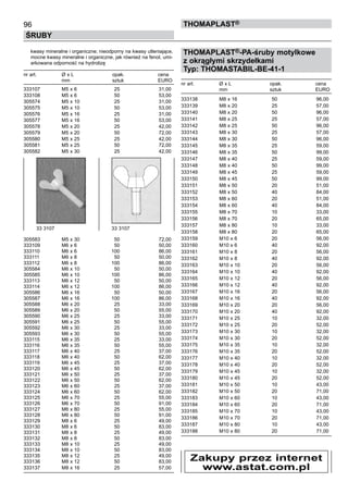 96
ŚRUBY
ThomaPLAST®
kwasy mineralne i organiczne; nieodporny na kwasy utleniające,  
mocne kwasy mineralne i organiczne, jak również na fenol, umi-
arkowana odporność na hydrolizę
nr art.	 Ø x L	 opak.	 cena
	 mm	 sztuk	 EURO
333107	 M5 x 6	 25	 31,00	
333108	 M5 x 6	 50	 53,00	
305574	 M5 x 10	 25	 31,00	
305575	 M5 x 10	 50	 53,00	
305576	 M5 x 16	 25	 31,00	
305577	 M5 x 16	 50	 53,00	
305578	 M5 x 20	 25	 42,00	
305579	 M5 x 20	 50	 72,00	
305580	 M5 x 25	 25	 42,00	
305581	 M5 x 25	 50	 72,00	
305582	 M5 x 30	 25	 42,00	
	
	
	
	
	
	
	
	
	
	
	
	
	
305583	 M5 x 30	 50	 72,00	
333109	 M6 x 6	 50	 50,00	
333110	 M6 x 6	 100	 86,00	
333111	 M6 x 8	 50	 50,00	
333112	 M6 x 8	 100	 86,00	
305584	 M6 x 10	 50	 50,00	
305585	 M6 x 10	 100	 86,00	
333113	 M6 x 12	 50	 50,00	
333114	 M6 x 12	 100	 86,00	
305586	 M6 x 16	 50	 50,00	
305587	 M6 x 16	 100	 86,00	
305588	 M6 x 20	 25	 33,00	
305589	 M6 x 20	 50	 55,00	
305590	 M6 x 25	 25	 33,00	
305591	 M6 x 25	 50	 55,00	
305592	 M6 x 30	 25	 33,00	
305593	 M6 x 30	 50	 55,00	
333115	 M6 x 35	 25	 33,00	
333116	 M6 x 35	 50	 55,00	
333117	 M6 x 40	 25	 37,00	
333118	 M6 x 40	 50	 62,00	
333119	 M6 x 45	 25	 37,00	
333120	 M6 x 45	 50	 62,00	
333121	 M6 x 50	 25	 37,00	
333122	 M6 x 50	 50	 62,00	
333123	 M6 x 60	 25	 37,00	
333124	 M6 x 60	 50	 62,00	
333125	 M6 x 70	 25	 55,00	
333126	 M6 x 70	 50	 91,00	
333127	 M6 x 80	 25	 55,00	
333128	 M6 x 80	 50	 91,00	
333129	 M8 x 6	 25	 49,00	
333130	 M8 x 6	 50	 83,00	
333131	 M8 x 8	 25	 49,00	
333132	 M8 x 8	 50	 83,00	
333133	 M8 x 10	 25	 49,00	
333134	 M8 x 10	 50	 83,00	
333135	 M8 x 12	 25	 49,00	
333136	 M8 x 12	 50	 83,00	
333137	 M8 x 16	 25	 57,00
THOMAPLAST®-PA-śruby motylkowe
z okrągłymi skrzydełkami
Typ: THOMASTABIL-BE-41-1
nr art.	 Ø x L	 opak.	 cena
	 mm	 sztuk	 EURO
333138	 M8 x 16	 50	 96,00	
333139	 M8 x 20	 25	 57,00	
333140	 M8 x 20	 50	 96,00	
333141	 M8 x 25	 25	 57,00	
333142	 M8 x 25	 50	 96,00	
333143	 M8 x 30	 25	 57,00	
333144	 M8 x 30	 50	 96,00	
333145	 M8 x 35	 25	 59,00	
333146	 M8 x 35	 50	 99,00	
333147	 M8 x 40	 25	 59,00	
333148	 M8 x 40	 50	 99,00	
333149	 M8 x 45	 25	 59,00	
333150	 M8 x 45	 50	 99,00	
333151	 M8 x 50	 20	 51,00	
333152	 M8 x 50	 40	 84,00	
333153	 M8 x 60	 20	 51,00	
333154	 M8 x 60	 40	 84,00	
333155	 M8 x 70	 10	 33,00	
333156	 M8 x 70	 20	 65,00	
333157	 M8 x 80	 10	 33,00	
333158	 M8 x 80	 20	 65,00	
333159	 M10 x 6	 20	 56,00	
333160	 M10 x 6	 40	 92,00	
333161	 M10 x 8	 20	 56,00	
333162	 M10 x 8	 40	 92,00	
333163	 M10 x 10	 20	 56,00	
333164	 M10 x 10	 40	 92,00	
333165	 M10 x 12	 20	 56,00	
333166	 M10 x 12	 40	 92,00	
333167	 M10 x 16	 20	 56,00	
333168	 M10 x 16	 40	 92,00	
333169	 M10 x 20	 20	 56,00	
333170	 M10 x 20	 40	 92,00	
333171	 M10 x 25	 10	 32,00	
333172	 M10 x 25	 20	 52,00	
333173	 M10 x 30	 10	 32,00	
333174	 M10 x 30	 20	 52,00	
333175	 M10 x 35	 10	 32,00	
333176	 M10 x 35	 20	 52,00	
333177	 M10 x 40	 10	 32,00	
333178	 M10 x 40	 20	 52,00	
333179	 M10 x 45	 10	 32,00	
333180	 M10 x 45	 20	 52,00	
333181	 M10 x 50	 10	 43,00	
333182	 M10 x 50	 20	 71,00	
333183	 M10 x 60	 10	 43,00	
333184	 M10 x 60	 20	 71,00	
333185	 M10 x 70	 10	 43,00	
333186	 M10 x 70	 20	 71,00	
333187	 M10 x 80	 10	 43,00	
333188	 M10 x 80	 20	 71,00
33 3107	 33 3107
Zakupy przez internet
www.astat.com.pl
 