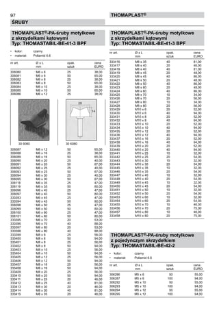 97
ŚRUBY
ThomaPLAST®
THOMAPLAST®-PA-śruby motylkowe
z skrzydełkami kątowymi
Typ: THOMASTABIL-BE-41-3 BPF
•	 kolor:	 czarny
•	 materiał:	 Poliamid 6.6
nr art.	 Ø x L	 opak.	 cena
	 mm	 sztuk	 EURO
306080	 M6 x 6	 25	 38,00	
306081	 M6 x 6	 50	 65,00	
306082	 M6 x 8	 25	 38,00	
306083	 M6 x 8	 50	 65,00	
306084	 M6 x 10	 25	 38,00	
306085	 M6 x 10	 50	 65,00	
306086	 M6 x 12	 25	 38,00	
	
	
	
	
	
	
	
	
	
	
	
	
	
306087	 M6 x 12	 50	 65,00	
306088	 M6 x 16	 25	 38,00	
306089	 M6 x 16	 50	 65,00	
306090	 M6 x 20	 25	 40,00	
306091	 M6 x 20	 50	 67,00	
306092	 M6 x 25	 25	 40,00	
306093	 M6 x 25	 50	 67,00	
306094	 M6 x 30	 25	 40,00	
306095	 M6 x 30	 50	 67,00	
306118	 M6 x 35	 25	 47,00	
306119	 M6 x 35	 50	 80,00	
306096	 M6 x 40	 25	 47,00	
306097	 M6 x 40	 50	 80,00	
333393	 M6 x 45	 25	 47,00	
333394	 M6 x 45	 50	 80,00	
306098	 M6 x 50	 25	 47,00	
306099	 M6 x 50	 50	 80,00	
306100	 M6 x 60	 25	 47,00	
306101	 M6 x 60	 50	 80,00	
333395	 M6 x 70	 20	 53,00	
333396	 M6 x 70	 40	 88,00	
333397	 M6 x 80	 20	 53,00	
333398	 M6 x 80	 40	 88,00	
333399	 M8 x 6	 25	 56,00	
333400	 M8 x 6	 50	 94,00	
333401	 M8 x 8	 25	 56,00	
333402	 M8 x 8	 50	 94,00	
333403	 M8 x 10	 25	 56,00	
333404	 M8 x 10	 50	 94,00	
333405	 M8 x 12	 25	 56,00	
333406	 M8 x 12	 50	 94,00	
333407	 M8 x 16	 25	 56,00	
333408	 M8 x 16	 50	 94,00	
333409	 M8 x 20	 25	 56,00	
333410	 M8 x 20	 50	 94,00	
333411	 M8 x 25	 20	 46,00	
333412	 M8 x 25	 40	 81,00	
333413	 M8 x 30	 20	 46,00	
333414	 M8 x 30	 40	 81,00	
333415	 M8 x 35	 20	 46,00
THOMAPLAST®-PA-śruby motylkowe
z skrzydełkami kątowymi
Typ: THOMASTABIL-BE-41-3 BPF
nr art.	 Ø x L	 opak.	 cena
	 mm	 sztuk	 EURO
333416	 M8 x 35	 40	 81,00	
333417	 M8 x 40	 20	 46,00	
333418	 M8 x 40	 40	 81,00	
333419	 M8 x 45	 20	 48,00	
333420	 M8 x 45	 40	 86,00	
333421	 M8 x 50	 20	 48,00	
333422	 M8 x 50	 40	 86,00	
333423	 M8 x 60	 20	 48,00	
333424	 M8 x 60	 40	 86,00	
333425	 M8 x 70	 10	 34,00	
333426	 M8 x 70	 20	 56,00	
333427	 M8 x 80	 10	 34,00	
333428	 M8 x 80	 20	 56,00	
333429	 M10 x 6	 20	 52,00	
333430	 M10 x 6	 40	 94,00	
333431	 M10 x 8	 20	 52,00	
333432	 M10 x 8	 40	 94,00	
333433	 M10 x 10	 20	 52,00	
333434	 M10 x 10	 40	 94,00	
333435	 M10 x 12	 20	 52,00	
333436	 M10 x 12	 40	 94,00	
333437	 M10 x 16	 20	 52,00	
333438	 M10 x 16	 40	 94,00	
333439	 M10 x 20	 20	 52,00	
333440	 M10 x 20	 40	 94,00	
333441	 M10 x 25	 10	 32,00	
333442	 M10 x 25	 20	 54,00	
333443	 M10 x 30	 10	 32,00	
333444	 M10 x 30	 20	 54,00	
333445	 M10 x 35	 10	 32,00	
333446	 M10 x 35	 20	 54,00	
333447	 M10 x 40	 10	 32,00	
333448	 M10 x 40	 20	 54,00	
333449	 M10 x 45	 10	 32,00	
333450	 M10 x 45	 20	 54,00	
333451	 M10 x 50	 10	 32,00	
333452	 M10 x 50	 20	 54,00	
333453	 M10 x 60	 10	 32,00	
333454	 M10 x 60	 20	 54,00	
333455	 M10 x 70	 10	 46,00	
333456	 M10 x 70	 20	 75,00	
333457	 M10 x 80	 10	 46,00	
333458	 M10 x 80	 20	 75,00
THOMAPLAST®-PA-śruby motylkowe
z pojedynczym skrzydełkiem
Typ: THOMASTABIL-BE-42-2
•	 kolor:	 czarny
•	 materiał:	 Poliamid 6.6
nr art.	 Ø x L	 opak.	 cena
	 mm	 sztuk	 EURO
306286	 M5 x 6	 50	 55,00	
306287	 M5 x 6	 100	 94,00	
306292	 M5 x 10	 50	 55,00	
306293	 M5 x 10	 100	 94,00	
306294	 M5 x 12	 50	 55,00	
306295	 M5 x 12	 100	 94,00
30 6080	 30 6080
 