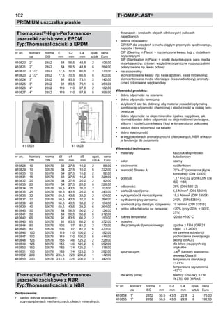 102
PREMIUM uszczelka płaskie
thomaPLAST®
Thomaplast®-High-Performance-
uszczelki zaciskowe z EPDM
Typ:Thomaseal-zaciski z EPDM
nr art. kołnierz	 norma E	 C2 C4	 opak.	 cena
cal	 ISO mm	 mm mm	 sztuk	 Euro
410820 2”	 2852 64	 56,5 48,8	 2	 106,00
410821 2”	 2852 64	 56,5 48,8	 6	 264,00
410822 2 1/2”	 2852 77,5	 70,5 60,5	 2	 120,00
410823 2 1/2”	 2852 77,5	 70,5 60,5	 6	 300,00
410824 3”	 2852 91	 83,5 73,1	 2	 142,00
410825 3”	 2852 91	 83,5 73,1	 6	 354,00
410826 4”	 2852 119	 110 97,8	 2	 162,00
410827 4”	 2852 119	 110 97,8	 6	 396,00
		
nr art. kołnierz	 norma d3	 d4 d5	 opak.	 cena
DN	 DIN mm	 mm mm	 sztuk	 Euro
410828 10	 32676 34	 27,5 10,2	 2	 88,00
410829 10	 32676 34	 27,5 10,2	 6	 222,00
410830 15	 32676 34	 27,5 16,2	 2	 92,00
410831 15	 32676 34	 27,5 16,2	 6	 228,00
410832 20	 32676 34	 27,5 20,2	 2	 92,00
410833 20	 32676 34	 27,5 20,2	 6	 228,00
410834 25	 32676 50,5	 43,5 26,2	 2	 102,00
410835 25	 32676 50,5	 43,5 26,2	 6	 240,00
410836 32	 32676 50,5	 43,5 32,2	 2	 104,00
410837 32	 32676 50,5	 43,5 32,2	 6	 264,00
410838 40	 32676 50,5	 43,5 38,2	 2	 104,00
410839 40	 32676 50,5	 43,5 38,2	 6	 264,00
410840 50	 32676 64	 56,5 50,2	 2	 124,00
410841 50	 32676 64	 56,5 50,2	 6	 312,00
410842 65	 32676 91	 83,5 66,2	 2	 150,00
410843 65	 32676 91	 83,5 66,2	 6	 372,00
410844 80	 32676 106	 97 81,2	 2	 170,00
410845 80	 32676 106	 97 81,2	 6	 420,00
410846 100	 32676 119	 110 100,2	 2	 182,00
410847 100	 32676 119	 110 100,2	 6	 444,00
410848 125	 32676 155	 146 125,2	 2	 228,00
410849 125	 32676 155	 146 125,2	 6	 552,00
410850 150	 32676 183	 174 125,2	 1	 118,00
410851 150	 32676 183	 174 125,2	 3	 282,00
410852 200	 32676 233,5	 225 200,2	 1	 142,00
410853 200	 32676 233,5	 225 200,2	 3	 342,00
Thomaplast®-High-Performance-
uszczelki zaciskowe z NBR
Typ:Thomaseal-zaciski z NBR
Zastosowanie:
•	 bardzo dobrze stosowalny:
przy naprężeniach mechanicznych; olejach mineralnych,
tłuszczach i woskach; olejach silnikowych i paliwach
napędowych
•	 dobrze stosowalny:
CIP/SIP dla urządzeń w ruchu ciągłym przemysłu spożywczego,
napojów i farmacji
CIP (Clearing in Place) = rozcieńczone kwasy, ługi z dodatkami
czyszczącymi
SIP (Sterilisation in Place) = środki dezynfekujące, para, media
oksydujące (np. chloran) względnie organiczne rozpuszczalniki
polaryzowane np. kwas octowy
•	 nie stosowalny:
skoncentrowane kwasy (np. kwas azotowy, kwas mrówkowy);
skoncentrowane media utleniające (kwasnadoctowy); aromaty-
czne i chlorowane węglowodory
Własności produktu:
•	 dobra odporność na ścieranie
•	 dobra odporność termiczna
•	 akrylonitryl jest tak dobrany, aby materiał posiadał optymalną
kombinację odporności chemicznej i elastyczność w niskiej tem-
peraturze
•	 dobra odporność na oleje mineralne i paliwa napędowe, jak
również bardzo dobra odporność na oleje roślinne i zwierzęce,
silikony i rozcieńczone kwasy i ługi w temperaturze pokojowej
•	 bardzo dobra odporność na światło
•	 dobra elastyczność
•	 w węglowodorach aromatycznych i chlorowanych, NBR wykazu-
je tendencje do pęcznienia
Własności techniczne:
•	 materiały: kauczuk ekrylnitrowo-
butadienowy
•	 kolor: czarny	
•	 sieciowanie: nadtlenkowe
•	 twardość Shorea A: 70°+/-5° (pomiar na płycie
kontrolnej) (DIN 53505)
•	 gćstoúă: 1,17 +/-0,02 g/cmł (DIN EN
ISO 1183)
•	 odbojność: 28% (DIN 53512)
•	 wartoúă naprćýenia: 5,5 N/mm2 (DIN 53504)
•	 wytrzymaůoúă na rozciŕganie: 18,5 N/mm2 (DIN 53504)
•	 wydłużenie przy zerwaniu: 240% (DIN 53504)
•	 opornoúă przy dalszym rozrywaniu: 10 N/mm2 (DIN 53515)
•	 próba odkształcenia na zerwanie: <20% (przy 22 h, +100°C,
25%)
•	 zakres temperatur: -20 do +100°C
•	 przepisy:
dla przemysłu żywnościowego: zgodne z FDA (CFR21
część 177.2600)
nie zawiera substancji
pochodzenia zwierzęcego
(wolny od ADI)
dla łatwo psujących się
artykułów
	 spożywczych: 3-A® Sanitary standardo-
weowes Class II
temperatura sterylizacji
+121°C
temperatura czyszczenia
+82°C
	 dla wody pitnej: Niemcy (DVGW); KTW,
W 270, GB (WRAS)
nr art. kołnierz	 norma E	 C2 C4	 opak.	 cena
cal	 ISO mm	 mm mm	 sztuk	 Euro
410854 1” 2852	 50,5 43,5 22,8	 2 76,00
410855 1” 2852	 50,5 43,5 22,8	 6 192,00
41 0828 41 0828
 