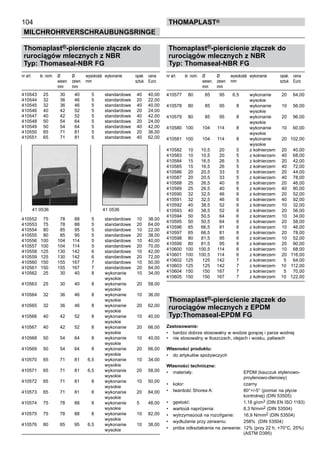 104
MILCHROHRVERSCHRAUBUNGSRINGE
thomaPLAST®
Thomaplast®-pierścienie złączek do
rurociągów mlecznych z NBR
Typ: Thomaseal-NBR FG
nr art. śr. nom. Ø Ø wysokośă	 wykonanie opak. cena
wewn. zewn. mm	 sztuk Euro
mm mm
410543 25 30 40 5	 standardowe 40 40,00
410544 32 36 46 5	 standardowe 20 22,00
410545 32 36 46 5	 standardowe 40 40,00
410546 40 42 52 5	 standardowe 20 24,00
410547 40 42 52 5	 standardowe 40 42,00
410548 50 54 64 5	 standardowe 20 24,00
410549 50 54 64 5	 standardowe 40 42,00
410550 65 71 81 5	 standardowe 20 36,00
410551 65 71 81 5	 standardowe 40 62,00
410552 75 78 88 5	 standardowe 10 38,00
410553 75 78 88 5	 standardowe 20 64,00
410554 80 85 95 5	 standardowe 10 22,00
410555 80 85 95 5	 standardowe 20 38,00
410556 100 104 114 5	 standardowe 10 40,00
410557 100 104 114 5	 standardowe 20 70,00
410558 125 130 142 6	 standardowe 10 42,00
410559 125 130 142 6	 standardowe 20 72,00
410560 150 155 167 7	 standardowe 10 50,00
410561 150 155 167 7	 standardowe 20 84,00
410562 25 30 40 8	 wykonanie 10 34,00
	 wysokie
410563 25 30 40 8	 wykonanie 20 58,00
	 wysokie
410564 32 36 46 8	 wykonanie 10 36,00
	 wysokie
410565 32 36 46 8	 wykonanie 20 62,00
	 wysokie
410566 40 42 52 8	 wykonanie 10 40,00
	 wysokie
410567 40 42 52 8	 wykonanie 20 66,00
	 wysokie
410568 50 54 64 8	 wykonanie 10 40,00
	 wysokie
410569 50 54 64 8	 wykonanie 20 66,00
	 wysokie
410570 65 71 81 6,5	 wykonanie 10 34,00
	 wysokie
410571 65 71 81 6,5	 wykonanie 20 58,00
	 wysokie
410572 65 71 81 8	 wykonanie 10 50,00
	 wysokie
410573 65 71 81 8	 wykonanie 20 84,00
	 wysokie
410574 75 78 88 8	 wykonanie 5 48,00
	 wysokie
410575 75 78 88 8	 wykonanie 10 82,00
	 wysokie
410576 80 85 95 6,5	 wykonanie 10 38,00
	 wysokie
Thomaplast®-pierścienie złączek do
rurociągów mlecznych z NBR
Typ: Thomaseal-NBR FG
nr art. śr. nom. Ø Ø wysokośă	 wykonanie opak. cena
wewn. zewn. mm	 sztuk Euro
mm mm
410577 80 85 95 6,5	 wykonanie 20 64,00
	 wysokie
410578 80 85 95 8	 wykonanie 10 56,00
	 wysokie
410579 80 85 95 8	 wykonanie 20 96,00
	 wysokie
410580 100 104 114 8	 wykonanie 10 60,00
	 wysokie
410581 100 104 114 8	 wykonanie 20 102,00
	 wysokie
410582 10 10,5 20 5	 z kołnierzem 20 40,00
410583 10 10,5 20 5	 z kołnierzem 40 68,00
410584 15 16,5 26 5	 z kołnierzem 20 42,00
410585 15 16,5 26 5	 z kołnierzem 40 72,00
410586 20 20,5 33 5	 z kołnierzem 20 44,00
410587 20 20,5 33 5	 z kołnierzem 40 78,00
410588 25 26,5 40 6	 z kołnierzem 20 46,00
410589 25 26,5 40 6	 z kołnierzem 40 80,00
410590 32 32,5 46 6	 z kołnierzem 20 52,00
410591 32 32,5 46 6	 z kołnierzem 40 92,00
410592 40 38,5 52 6	 z kołnierzem 10 32,00
410593 40 38,5 52 6	 z kołnierzem 20 56,00
410594 50 50,5 64 6	 z kołnierzem 10 34,00
410595 50 50,5 64 6	 z kołnierzem 20 58,00
410596 65 66,5 81 6	 z kołnierzem 10 46,00
410597 65 66,5 81 6	 z kołnierzem 20 78,00
410598 80 81,5 95 6	 z kołnierzem 10 52,00
410599 80 81,5 95 6	 z kołnierzem 20 90,00
410600 100 100,5 114 6	 z kołnierzem 10 68,00
410601 100 100,5 114 6	 z kołnierzem 20 116,00
410602 125 125 142 7	 z kołnierzem 5 64,00
410603 125 125 142 7	 z kołnierzem 10 112,00
410604 150 150 167 7	 z kołnierzem 5 70,00
410605 150 150 167 7	 z kołnierzem 10 122,00
Thomaplast®-pierścienie złączek do
rurociągów mlecznych z EPDM
Typ:Thomaseal-EPDM FG
Zastosowanie:
•	 bardzo dobrze stosowalny w wodzie gorącej i parze wodnej
•	 nie stosowalny w tłuszczach, olejach i wosku, paliwach
Własności produktu:
•	 do artykułów spożywczych
Własności techniczne:
•	 materiały: EPDM (kauczuk etylenowo-
proylenowo-dienowy)
•	 kolor: czarny
•	 twardość Shorea A: 80°+/-5° (pomiar na płycie
kontrolnej) (DIN 53505)
•	 gęstość: 1,18 g/cm3 (DIN EN ISO 1183)
•	 wartoúă naprćýenia: 8,3 N/mm2 (DIN 53504)
•	 wytrzymaůoúă na rozciŕganie: 16,9 N/mm2 (DIN 53504)
•	 wydłużenie przy zerwaniu: 258% (DIN 53504)
•	 próba odkształcenia na zerwanie: 12% (przy 22 h, +70°C, 25%)
(ASTM D395)
41 0536 41 0536
 