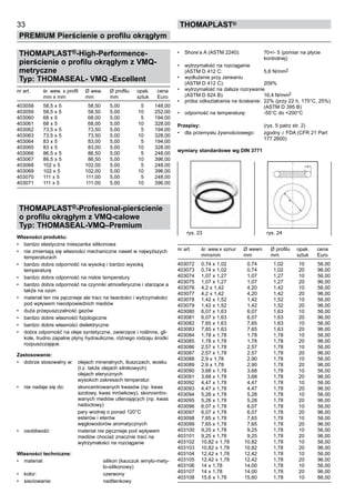 •	 Shore’a A (ASTM 2240): 70+/- 5 (pomiar na płycie
kontrolnej)
•	 wytrzymałość na rozciąganie
(ASTM D 412 C: 5,6 N/mm2
•	 wydłużenie przy zerwaniu
(ASTM D 412 C): 209%
•	 wytrzymałość na dalsze rozrywanie
(ASTM D 624 B): 16,4 N/mm2
•	 próba odkształcenia na ściskanie: 22% (przy 22 h, 175°C, 25%)
(ASTM D 395 B)
•	 odporność na temperaturę: -55°C do +200°C
Przepisy: (rys. 5 patrz str. 2)
•	 dla przemysłu żywnościowego: zgodny z FDA (CFR 21 Part
177.2600)
wymiary standardowe wg DIN 3771
nr art. śr. wew.x sznur Ø wewn. Ø profilu	 opak. cena
mmxmm mm mm	 sztuk Euro
403072 0,74 x 1,02 0,74 1,02	 10 56,00
403073 0,74 x 1,02 0,74 1,02	 20 96,00
403074 1,07 x 1,27 1,07 1,27	 10 56,00
403075 1,07 x 1,27 1,07 1,27	 20 96,00
403076 4,2 x 1,42 4,20 1,42	 10 56,00
403077 4,2 x 1,42 4,20 1,42	 20 96,00
403078 1,42 x 1,52 1,42 1,52	 10 56,00
403079 1,42 x 1,52 1,42 1,52	 20 96,00
403080 6,07 x 1,63 6,07 1,63	 10 56,00
403081 6,07 x 1,63 6,07 1,63	 20 96,00
403082 7,65 x 1,63 7,65 1,63	 10 56,00
403083 7,65 x 1,63 7,65 1,63	 20 96,00
403084 1,78 x 1,78 1,78 1,78	 10 56,00
403085 1,78 x 1,78 1,78 1,78	 20 96,00
403086 2,57 x 1,78 2,57 1,78	 10 56,00
403087 2,57 x 1,78 2,57 1,78	 20 96,00
403088 2,9 x 1,78 2,90 1,78	 10 56,00
403089 2,9 x 1,78 2,90 1,78	 20 96,00
403090 3,68 x 1,78 3,68 1,78	 10 56,00
403091 3,68 x 1,78 3,68 1,78	 20 96,00
403092 4,47 x 1,78 4,47 1,78	 10 56,00
403093 4,47 x 1,78 4,47 1,78	 20 96,00
403094 5,28 x 1,78 5,28 1,78	 10 56,00
403095 5,28 x 1,78 5,28 1,78	 20 96,00
403096 6,07 x 1,78 6,07 1,78	 10 56,00
403097 6,07 x 1,78 6,07 1,78	 20 96,00
403098 7,65 x 1,78 7,65 1,78	 10 56,00
403099 7,65 x 1,78 7,65 1,78	 20 96,00
403100 9,25 x 1,78 9,25 1,78	 10 56,00
403101 9,25 x 1,78 9,25 1,78	 20 96,00
403102 10,82 x 1,78 10,82 1,78	 10 56,00
403103 10,82 x 1,78 10,82 1,78	 20 96,00
403104 12,42 x 1,78 12,42 1,78	 10 56,00
403105 12,42 x 1,78 12,42 1,78	 20 96,00
403106 14 x 1,78 14,00 1,78	 10 56,00
403107 14 x 1,78 14,00 1,78	 20 96,00
403108 15,6 x 1,78 15,60 1,78	 10 66,00
33
PREMIUM Pierścienie o profilu okrągłym
thomaPLAST®
rys. 23 rys. 24
THOMAPLAST®-High-Performence-
pierścienie o profilu okrągłym z VMQ-
metryczne
Typ: THOMASEAL- VMQ -Excellent
nr art. śr. wew. x profil Ø wew. Ø profilu opak. cena
mm x mm mm mm sztuk Euro
403058 58,5 x 5 58,50	 5,00 5 148,00
403059 58,5 x 5 58,50	 5,00 10 252,00
403060 68 x 5 68,00	 5,00 5 194,00
403061 68 x 5 68,00	 5,00 10 328,00
403062 73,5 x 5 73,50	 5,00 5 194,00
403063 73,5 x 5 73,50	 5,00 10 328,00
403064 83 x 5 83,00	 5,00 5 194,00
403065 83 x 5 83,00	 5,00 10 328,00
403066 86,5 x 5 86,50	 5,00 5 248,00
403067 86,5 x 5 86,50	 5,00 10 396,00
403068 102 x 5 102,00	 5,00 5 248,00
403069 102 x 5 102,00	 5,00 10 396,00
403070 111 x 5 111,00	 5,00 5 248,00
403071 111 x 5 111,00	 5,00 10 396,00
THOMAPLAST®-Profesional-pierścienie
o profilu okrągłym z VMQ-calowe
Typ: THOMASEAL-VMQ–Premium
Własności produktu:
•	 bardzo elastyczna mieszanka silikonowa
•	 nie zmieniają się własności mechaniczne nawet w najwyższych
temperaturach
•	 bardzo dobra odporność na wysoką i bardzo wysoką
temperaturę
•	 bardzo dobra odporność na niskie temperatury
•	 bardzo dobra odporność na czynniki atmosferyczne i starzące a
także na ozon
•	 materiał ten nie pęcznieje ale traci na twardości i wytrzymałości
pod wpływem nieodpowiednich mediów
•	 duża przepuszczalność gazów
•	 bardzo dobre własnośći fizjologiczne
•	 bardzo dobre własności dielektryczne
•	 dobra odporność na oleje syntetyczne, zwierzęce i roślinne, gli-
kole, trudno zapalne płyny hydrauliczne, różnego rodzaju środki
rozpuszczające.
Zastosowanie:
•	 dobrze stosowalny w: olejach mineralnych, tłuszczach, wosku
(t.z. także olejach silnikowych)
olejach eterycznych
wysokich zakresach temperatur.
•	 nie nadaje się do: skoncentrowanych kwasów (np. kwas
azotowy, kwas mrówkowy), skoncentro-
wanych mediów utleniających (np. kwas
nadoctowy)
	 pary wodnej o ponad 120°C
esterów i eterów
węglowodorów aromatycznych
•	 osobliwość: materiał nie pęcznieje pod wpływem
mediów chociaż znacznie traci na
wytrzymałości na rozciąganie
Własności techniczne:
•	 materiał: silikon (kauczuk winylo-mety-
lo-silikonowy)
•	 kolor: czerwony
•	 sieciowanie: nadtlenkowy
 