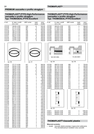 THOMAPLAST®-PTFE-High-Performance-
uszczelka o profilu okrągłym
Typ: THOMASEAL-PTFE-Excellent
nr art. śr. wew. x profil ARP numer opak. cena
mm x mm sztuk EURO
410185 405,26 x 6,99 461 3 696,00
410186 417,96 x 6,99 462 1 290,00
410187 417,96 x 6,99 462 3 696,00
410188 430,66 x 6,99 463 1 290,00
410189 430,66 x 6,99 463 3 696,00
410190 443,36 x 6,99 464 1 290,00
410191 443,36 x 6,99 464 3 696,00
410192 456,06 x 6,99 465 1 302,00
410193 456,06 x 6,99 465 3 720,00
410194 468,76 x 6,99 466 1 302,00
410195 468,76 x 6,99 466 3 720,00
410196 481,46 x 6,99 467 1 302,00
410197 481,46 x 6,99 467 3 720,00
410198 494,16 x 6,99 468 1 302,00
410199 494,16 x 6,99 468 3 720,00
410200 506,86 x 6,99 469 1 302,00
410201 506,86 x 6,99 469 3 720,00
410202 532,26 x 6,99 470 1 302,00
410203 532,26 x 6,99 470 3 720,00
410204 557,66 x 6,99 471 1 444,00
410205 557,66 x 6,99 471 3 1064,00
410206 582,68 x 6,99 472 1 444,00
410207 582,68 x 6,99 472 3 1064,00
410208 608,08 x 6,99 473 1 444,00
410209 608,08 x 6,99 473 3 1064,00
410210 633,48 x 6,99 474 1 444,00
410211 633,48 x 6,99 474 3 1064,00
410212 658,88 x 6,99 475 1 444,00
410213 658,88 x 6,99 475 3 1064,00
THOMAPLAST®-Uszczelki płaskie
Własności produktu:
•	 kształt: Uszczelki płaskie powstają z reguły przez wytłaczanie.
Przy skomplikowanych kształtach zarys uszczelki
THOMAPLAST®-PTFE-High-Performance-
uszczelka o profilu okrągłym
Typ: THOMASEAL-PTFE-Excellent
nr art. śr. wew. x profil ARP numer opak. cena
mm x mm sztuk EURO
410135 148,59 x 6,99 436 10 552,00
410136 151,77 x 6,99 467 5 334,00
410137 151,77 x 6,99 467 10 552,00
410138 158,12 x 6,99 438 5 334,00
410139 158,12 x 6,99 438 10 552,00
410140 164,47 x 6,99 439 5 362,00
410141 164,47 x 6,99 439 10 592,00
410142 170,82 x 6,99 440 5 362,00
410143 170,82 x 6,99 440 10 592,00
410144 177,17 x 6,99 441 5 362,00
410145 177,17 x 6,99 441 10 592,00
410146 183,52 x 6,99 442 5 362,00
410147 183,52 x 6,99 442 10 592,00
410148 189,87 x 6,99 443 5 384,00
410149 189,87 x 6,99 443 10 630,00
410150 196,22 x 6,99 444 5 384,00
410151 196,22 x 6,99 444 10 630,00
410152 202,57 x 6,99 445 1 96,00
410153 202,57 x 6,99 445 3 238,00
410154 215,27 x 6,99 446 1 96,00
410155 215,27 x 6,99 446 3 238,00
410156 227,97 x 6,99 447 1 96,00
410157 227,97 x 6,99 447 3 238,00
410158 240,67 x 6,99 448 1 110,00
410159 240,67 x 6,99 448 3 272,00
410160 253,37 x 6,99 449 1 110,00
410161 253,37 x 6,99 449 3 272,00
410162 266,07 x 6,99 450 1 110,00
410163 266,07 x 6,99 450 3 272,00
410164 278,77 x 6,99 451 1 110,00
410165 278,77 x 6,99 451 3 272,00
410166 291,47 x 6,99 452 1 122,00
410167 291,47 x 6,99 452 3 306,00
410168 304,17 x 6,99 453 1 122,00
410169 304,17 x 6,99 453 3 306,00
410170 316,87 x 6,99 454 1 122,00
410171 316,87 x 6,99 454 3 306,00
410172 329,57 x 6,99 455 1 122,00
410173 329,57 x 6,99 455 3 306,00
410174 342,27 x 6,99 456 1 122,00
410175 342,27 x 6,99 456 3 306,00
410176 354,97 x 6,99 457 1 212,00
410177 354,97 x 6,99 457 3 506,00
410178 367,67 x 6,99 458 1 212,00
410179 367,67 x 6,99 458 3 506,00
410180 380,37 x 6,99 459 1 212,00
410181 380,37 x 6,99 459 3 506,00
410182 393,07 x 6,99 460 1 212,00
410183 393,07 x 6,99 460 3 506,00
410184 405,26 x 6,99 461 1 290,00
91
PREMIUM uszczelka o profilu okrągłym
thomaPLAST®
rys. 50 rys. 51
rys. 52 rys. 53
rys. 54 rys. 55
 