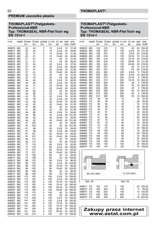 93
PREMIUM uszczelka płaskie
thomaPLAST®
Abb. 58 Abb. 59
THOMAPLAST®-Flatgaskets-
Professional-NBR
Typ: THOMASEAL NBR-Flat-Tech wg
EN 1514-1
nr art. ksztaůt Ø wewn. Ø zewn. 	grubośă śr. nom. ciú. nom opak. cena
mm mm	 mm mm bar sztuk EURO
408870 IBC 22 44	 3 15 2,5-6 10 31,00
408871 IBC 22 44	 3 15 2,5-6 20 55,00
408872 IBC 22 51	 3 15 10-40 10 31,00
408873 IBC 22 51	 3 15 10-40 20 55,00
408874 IBC 21 61	 3 15 63 10 31,00
408875 IBC 21 61	 3 15 63 20 55,00
408876 IBC 27 54	 3 20 2,5-6 10 37,00
408877 IBC 27 54	 3 20 2,5-6 20 65,00
408878 IBC 27 61	 3 20 10-40 10 37,00
408879 IBC 27 61	 3 20 10-40 20 65,00
408880 IBC 25 72	 3 20 63 10 37,00
408881 IBC 25 72	 3 20 63 20 65,00
408882 IBC 34 64	 3 25 2,5-6 10 48,00
408883 IBC 34 64	 3 25 2,5-6 20 83,00
408884 IBC 34 71	 3 25 10-40 10 48,00
408885 IBC 34 71	 3 25 10-40 20 83,00
408886 IBC 30 82	 3 25 63 10 48,00
408887 IBC 30 82	 3 25 63 20 83,00
408888 IBC 43 76	 3 32 2,5-6 10 52,00
408889 IBC 43 76	 3 32 2,5-6 20 91,00
408890 IBC 43 82	 3 32 10-40 10 52,00
408891 IBC 43 82	 3 32 10-40 20 91,00
408892 IBC 41 88	 3 32 63 10 52,00
408893 IBC 41 88	 3 32 63 20 91,00
408894 IBC 49 86	 3 40 2,5-6 10 59,00
408895 IBC 49 86	 3 40 2,5-6 20 101,00
408896 IBC 49 92	 3 40 10-40 10 59,00
408897 IBC 49 92	 3 40 10-40 20 101,00
408898 IBC 47 103	 3 40 63 10 59,00
408899 IBC 47 103	 3 40 63 20 101,00
408900 IBC 61 96	 3 50 2,5-6 10 69,00
408901 IBC 61 96	 3 50 2,5-6 20 118,00
408902 IBC 61 107	 3 50 10-40 10 69,00
408903 IBC 61 107	 3 50 10-40 20 118,00
408904 IBC 59 113	 3 50 63 10 69,00
408905 IBC 59 113	 3 50 63 20 118,00
408906 IBC 77 116	 3 65 2,5-6 10 82,00
408907 IBC 77 116	 3 65 2,5-6 20 139,00
408908 IBC 77 127	 3 65 10-40 10 82,00
408909 IBC 77 127	 3 65 10-40 20 139,00
408910 IBC 73 138	 3 65 63 10 82,00
408911 IBC 73 138	 3 65 63 20 139,00
408912 IBC 89 132	 3 80 2,5-6 10 96,00
408913 IBC 89 132	 3 80 2,5-6 20 163,00
408914 IBC 89 142	 3 80 10-40 10 96,00
408915 IBC 89 142	 3 80 10-40 20 163,00
408916 IBC 86 148	 3 80 63 10 96,00
408917 IBC 86 148	 3 80 63 20 163,00
408918 IBC 115 152	 3 100 2,5-6 10 109,00
408919 IBC 115 152	 3 100 2,5-6 20 185,00
408920 IBC 115 162	 3 100 10-16 10 109,00
408921 IBC 115 162	 3 100 10-16 20 185,00
408922 IBC 115 168	 3 100 25-40 10 109,00
408923 IBC 115 168	 3 100 25-40 20 185,00
408924 IBC 110 174	 3 100 63 10 109,00
408925 IBC 110 174	 3 100 63 20 185,00
408926 IBC 141 182	 3 125 2,5-6 10 109,00
408927 IBC 141 182	 3 125 2,5-6 20 182,00
408928 IBC 141 192	 3 125 10-16 10 109,00
408929 IBC 141 192	 3 125 10-16 20 182,00
408930 IBC 141 194	 3 125 25-40 10 109,00
408931 IBC 141 194	 3 125 25-40 20 182,00
408932 IBC 135 210	 3 125 63 10 109,00
THOMAPLAST®-Flatgaskets-
Professional-NBR
Typ: THOMASEAL NBR-Flat-Tech wg
EN 1514-1
nr art. ksztaůt Ø wewn. Ø zewn. 	grubośă śr. nom. ciú. nom opak. cena
mm mm	 mm mm bar sztuk EURO
408933 IBC 135 210	 3 125 63 20 182,00
408934 IBC 169 207	 3 150 2,5-6 10 131,00
408935 IBC 169 207	 3 150 2,5-6 20 218,00
408936 IBC 169 218	 3 150 10-16 10 131,00
408937 IBC 169 218	 3 150 10-16 20 218,00
408938 IBC 169 224	 3 150 25-40 10 131,00
408939 IBC 169 224	 3 150 25-40 20 218,00
408940 IBC 163 247	 3 150 63 10 131,00
408941 IBC 163 247	 3 150 63 20 218,00
408942 IBC 220 262	 3 200 2,5-6 5 139,00
408943 IBC 220 262	 3 200 2,5-6 10 242,00
408944 IBC 220 273	 3 200 10-16 5 139,00
408945 IBC 220 273	 3 200 10-16 10 242,00
408946 IBC 220 284	 3 200 25 5 139,00
408947 IBC 220 284	 3 200 25 10 242,00
408948 IBC 220 290	 3 200 40 5 139,00
408949 IBC 220 290	 3 200 40 10 242,00
408950 IBC 210 309	 3 200 63 5 139,00
408951 IBC 210 309	 3 200 63 10 242,00
408952 TG 29 39	 3 15 - 10 37,00
408953 TG 29 39	 3 15 - 20 65,00
408954 TG 36 50	 3 20 - 10 37,00
408955 TG 36 50	 3 20 - 20 65,00
408956 TG 43 57	 3 25 - 10 49,00
408957 TG 43 57	 3 25 - 20 84,00
408958 TG 51 65	 3 32 - 10 49,00
408959 TG 51 65	 3 32 - 20 84,00
408960 TG 61 75	 3 40 - 10 55,00
408961 TG 61 75	 3 40 - 20 92,00
408962 TG 73 87	 3 50 - 10 64,00
408963 TG 73 87	 3 50 - 20 108,00
408964 TG 95 109	 3 65 - 10 82,00
408965 TG 95 109	 3 65 - 20 139,00
408966 TG 106 120	 3 80 - 10 96,00
408967 TG 106 120	 3 80 - 20 163,00
408968 TG 129 149	 3 100 - 10 109,00
408969 TG 129 149	 3 100 - 20 185,00
408970 TG 155 175	 3 125 - 10 109,00
408971 TG 155 175	 3 125 - 20 182,00
408972 TG 183 203	 3 150 - 5 82,00
408973 TG 183 203	 3 150 - 10 142,00
408974 TG 239 259	 3 200 - 5 130,00
408975 TG 239 259	 3 200 - 10 223,00
Zakupy przez internet
www.astat.com.pl
 