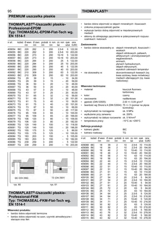 THOMAPLAST®-Uszczelki płaskie-
Professional-EPDM
Typ: THOMASEAL-EPDM-Flat-Tech wg.
EN 1514-1
nr art. ksztaůt Ø wewn. Ø zewn. 	grubośă śr. nom. ciú. nom opak. cena
mm mm	 mm mm bar sztuk EURO
409054 IBC 220 262 3 200 2,5-6 5 122,00
409055 IBC 220 262 3 200 2,5-6 10 203,00
409056 IBC 220 273 3 200 10-16 5 122,00
409057 IBC 220 273 3 200 10-16 10 203,00
409058 IBC 220 284 3 200 25 5 122,00
409059 IBC 220 284 3 200 25 10 203,00
409060 IBC 220 290 3 200 40 5 122,00
409061 IBC 220 290 3 200 40 10 203,00
409062 IBC 210 309 3 200 63 5 122,00
409063 IBC 210 309 3 200 63 10 203,00
409064 TG 29 39 3 15 - 10 34,00
409065 TG 29 39 3 15 - 20 59,00
409066 TG 36 50 3 20 - 10 48,00
409067 TG 36 50 3 20 - 20 83,00
409068 TG 43 57 3 25 - 10 48,00
409069 TG 43 57 3 25 - 20 83,00
409070 TG 51 65 3 32 - 10 59,00
409071 TG 51 65 3 32 - 20 101,00
409072 TG 61 75 3 40 - 10 59,00
409073 TG 61 75 3 40 - 20 101,00
409074 TG 73 87 3 50 - 10 69,00
409075 TG 73 87 3 50 - 20 117,00
409076 TG 95 109 3 65 - 10 100,00
409077 TG 95 109 3 65 - 20 169,00
409078 TG 106 120 3 80 - 10 109,00
409079 TG 106 120 3 80 - 20 182,00
409080 TG 129 149 3 100 - 10 118,00
409081 TG 129 149 3 100 - 20 196,00
409082 TG 155 175 3 125 - 5 89,00
409083 TG 155 175 3 125 - 10 155,00
409084 TG 183 203 3 150 - 5 105,00
409085 TG 183 203 3 150 - 10 182,00
409086 TG 239 259 3 200 - 5 122,00
409087 TG 239 259 3 200 - 10 203,00
THOMAPLAST®-Uszczelki płaskie-
Professional-FKM
Typ: THOMASEAL-FKM-Flat-Tech wg.
EN 1514-1
Własności produktu:
•	 bardzo dobra odporność termiczna
•	 bardzo dobra odporność na ozon, czynniki atmosferyczne i
starzące oraz tlen
95
PREMIUM uszczelka płaskie
thomaPLAST®
rys. 60 rys. 61
•	 bardzo dobra odporność w olejach mineralnych i tłuszczach
•	 znikoma przepuszczalność gazów
•	 wykazuje bardzo dobrą odporność w niepolaryzowanych
mediach
•	 skłonny do silniejszego pęcznienia w polaryzowanych rozpusz-
czalnikach i ketonach
Zastosowanie:
•	 bardzo dobrze stosowalny w: olejach mineralnych, tłuszczach i
woskach
olejach silnikowych, paliwach,
alifatycznych i aromatyzowanych
węglowodorach,
aminach,
płynach hydraulicznych,
olejach eterycznych,
wysokich zakresach temperatur
•	 nie stosowalny w: skoncentrowanych kwasach (np.
kwas azotowy, kwas mrówkowy)
mediach utleniających (np. kwas
nadoctowy)
Własności techniczne:
•	 materiał:	 kauczuk fluorowo-
	 karbonowy
•	 kolor:	 czarny
•	 sieciowanie:	 nadtlenkowe
•	 gęstość (DIN 53505): 	 2,00 +/- 0,05 g/cm3
•	 twardość wg Shore’a A (DIN 53504):	75 +/- 5 (pomiar na płycie
	 kontrolnej)
•	 wytrzymałość na rozciąganie:	 ok. 9 MPa
•	 wydłużenie przy zerwaniu:	 ok. 200%
•	 wytrzymałość na dalsze rozrywanie: 	ok. 5 N/mm2
•	 temperatura pracy:		 -10°C do +200°C
Definicja produkcji:
•	 kołnierz gładki: IBC
•	 kołnierz rowkowy: TG
nr art. ksztaůt Ø wewn. Ø zewn. 	grubośă śr. nom. ciú. nom opak. cena
mm mm	 mm mm bar sztuk EURO
409088 IBC 18 39 2 10 2,5-6 10 114,00
409089 IBC 18 39 2 10 2,5-6 20 194,00
409090 IBC 18 46 2 10 10-40 10 114,00
409091 IBC 18 46 2 10 10-40 20 194,00
409092 IBC 18 56 2 10 63 10 114,00
409093 IBC 18 56 2 10 63 20 194,00
409094 IBC 22 44 2 15 2,5-6 10 110,00
409095 IBC 22 44 2 15 2,5-6 20 184,00
409096 IBC 22 51 2 15 10-40 10 110,00
409097 IBC 22 51 2 15 10-40 20 184,00
409098 IBC 21 61 2 15 63 10 110,00
409099 IBC 21 61 2 15 63 20 184,00
409100 IBC 27 54 2 20 2,5-6 5 94,00
409101 IBC 27 54 2 20 2,5-6 10 164,00
409102 IBC 27 61 2 20 10-40 5 94,00
409103 IBC 27 61 2 20 10-40 10 164,00
409104 IBC 25 72 2 20 63 5 94,00
409105 IBC 25 72 2 20 63 10 164,00
409106 IBC 34 64 2 25 2,5-6 5 124,00
409107 IBC 34 64 2 25 2,5-6 10 216,00
409108 IBC 34 71 2 25 10-40 5 124,00
409109 IBC 34 71 2 25 10-40 10 216,00
409110 IBC 30 82 2 25 63 5 124,00
409111 IBC 30 82 2 25 63 10 216,00
409112 IBC 43 76 2 32 2,5-6 5 160,00
409113 IBC 43 76 2 32 2,5-6 10 278,00
409114 IBC 43 82 2 32 10-40 5 160,00
409115 IBC 43 82 2 32 10-40 10 278,00
 