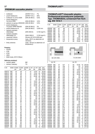 THOMAPLAST®-Uszczelki płaskie-
Professional-aromatyczne poliamidy
Typ: THOMASEAL-uniwersal-Flat-Tech
wg. EN 1514-1
nr art. ksztaůt Ø wewn. Ø zewn. 	grubośă śr. nom. ciú. nom opak. cena
mm mm	 mm mm bar sztuk EURO
409348 IBC 61 96 2 50 2,5-6	 5 107,00
409349 IBC 61 96 2 50 2,5-6	 10 186,00
409350 IBC 61 107 2 50 10-40	 5 107,00
409351 IBC 61 107 2 50 10-40	 10 186,00
409352 IBC 59 113 2 50 63	 5 107,00
409353 IBC 59 113 2 50 63	 10 186,00
409354 IBC 77 116 2 65 2,5-6	 5 136,00
409355 IBC 77 116 2 65 2,5-6	 10 235,00
409356 IBC 77 127 2 65 10-40	 5 136,00
409357 IBC 77 127 2 65 10-40	 10 235,00
409358 IBC 73 138 2 65 63	 5 136,00
409359 IBC 73 138 2 65 63	 10 235,00
409360 IBC 89 132 2 80 2,5-6	 5 159,00
409361 IBC 89 132 2 80 2,5-6	 10 276,00
409362 IBC 89 142 2 80 10-40	 5 159,00
409363 IBC 89 142 2 80 10-40	 10 276,00
409364 IBC 86 148 2 80 63	 5 159,00
409365 IBC 86 148 2 80 63	 10 276,00
409366 IBC 115 152 2 100 2,5-6	 5 181,00
409367 IBC 115 152 2 100 2,5-6	 10 315,00
409368 IBC 115 162 2 100 10-16	 5 181,00
409369 IBC 115 162 2 100 10-16	 10 315,00
409370 IBC 115 168 2 100 25-40	 5 193,00
409371 IBC 115 168 2 100 25-40	 10 335,00
409372 IBC 110 174 2 100 63	 5 193,00
409373 IBC 110 174 2 100 63	 10 335,00
409374 IBC 141 182 2 125 2,5-6	 5 220,00
409375 IBC 141 182 2 125 2,5-6	 10 378,00
409376 IBC 141 192 2 125 10-16	 5 220,00
409377 IBC 141 192 2 125 10-16	 10 378,00
409378 IBC 141 194 2 125 25-40	 5 220,00
409379 IBC 141 194 2 125 25-40	 10 378,00
409380 IBC 135 210 2 125 63	 5 220,00
409381 IBC 135 210 2 125 63	 10 378,00
409382 IBC 169 207 2 150 2,5-6	 5 129,00
409383 IBC 169 207 2 150 2,5-6	 10 224,00
409384 IBC 169 218 2 150 10-16	 5 129,00
409385 IBC 169 218 2 150 10-16	 10 224,00
409386 IBC 169 224 2 150 25-40	 5 262,00
409387 IBC 169 224 2 150 25-40	 10 443,00
409388 IBC 163 247 2 150 63	 5 262,00
409389 IBC 163 247 2 150 63	 10 443,00
409390 IBC 220 262 2 200 2,5-6	 5 362,00
409391 IBC 220 262 2 200 2,5-6	 10 613,00
409392 IBC 220 273 2 200 10-16	 5 362,00
409393 IBC 220 273 2 200 10-16	 10 613,00
409394 IBC 220 284 2 200 25	 5 392,00
409395 IBC 220 284 2 200 25	 10 663,00
409396 IBC 220 290 2 200 40	 5 377,00
97
PREMIUM uszczelka płaskie
thomaPLAST®
rys. 62 rys. 63
•	 ściśliwość: (ASTM F 36 J)	 7%
•	 powrót elastyczny: (ASTM F 36 J)	 65%
•	 ściśliwość na zimno KSW: (DIN 28 090-2)	 6,0%
•	 powrót elastyczny
na zimno KRW: (DIN 28 090-2)	 3,0%
•	 pełzanie na gorąco WSW/200: (DIN 28 090-2	 5,5%
•	 powrót elastyczny
na gorąco WRW RW/200 (DIN 28 090-2):	 2%
•	 powrót elastyczny R: (DIN 28 090-2)	 0,040 mm
•	 wartość przecieku
właściwego: (DIN 3535-6)	 0,100 mg/m*s
•	 wartość przecieku
właściwego 2,0: (DIN 8 090-2)	 0,100 mg/m*s
•	 zawartość chlorku: (Simens AV 9-014)	300 ppm
•	 temperatura pracy: maks. 200°C (w zależności od
ciśnienia)
•	 limity ciśnienia: maks. 100 bar (w zależności od
temperatury)
Przepisy:
•	 DVGW
•	 HTB
•	 KTW
•	 WRC
•	 BAM (maks. 60°C/130bar)
Definicja produkcji:
•	 kołnierz gładki: IBC
•	 kołnierz rowkowy: TG
nr art. ksztaůt Ø wewn. Ø zewn. 	grubośă śr. nom. ciú. nom opak. cena
mm mm	 mm mm bar sztuk EURO
409312 IBC 18 39 2 10 2,5-6	 10 82,00
409313 IBC 18 39 2 10 2,5-6	 20 139,00
409314 IBC 18 46 2 10 10-40	 10 82,00
409315 IBC 18 46 2 10 10-40	 20 139,00
409316 IBC 18 56 2 10 63	 10 82,00
409317 IBC 18 56 2 10 63	 20 139,00
409318 IBC 22 44 2 15 2,5-6	 10 87,00
409319 IBC 22 44 2 15 2,5-6	 20 147,00
409320 IBC 22 51 2 15 10-40	 10 87,00
409321 IBC 22 51 2 15 10-40	 20 147,00
409322 IBC 21 61 2 15 63	 10 87,00
409323 IBC 21 61 2 15 63	 20 147,00
409324 IBC 27 54 2 20 2,5-6	 10 101,00
409325 IBC 27 54 2 20 2,5-6	 20 172,00
409326 IBC 27 61 2 20 10-40	 10 101,00
409327 IBC 27 61 2 20 10-40	 20 172,00
409328 IBC 25 72 2 20 63	 10 101,00
409329 IBC 25 72 2 20 63	 20 172,00
409330 IBC 34 64 2 25 2,5-6	 10 108,00
409331 IBC 34 64 2 25 2,5-6	 20 180,00
409332 IBC 34 71 2 25 10-40	 10 108,00
409333 IBC 34 71 2 25 10-40	 20 180,00
409334 IBC 30 82 2 25 63	 10 108,00
409335 IBC 30 82 2 25 63	 20 180,00
409336 IBC 43 76 2 32 2,5-6	 10 126,00
409337 IBC 43 76 2 32 2,5-6	 20 210,00
409338 IBC 43 82 2 32 10-40	 10 126,00
409339 IBC 43 82 2 32 10-40	 20 210,00
409340 IBC 41 88 2 32 63	 10 126,00
409341 IBC 41 88 2 32 63	 20 210,00
409342 IBC 49 86 2 40 2,5-6	 5 90,00
409343 IBC 49 86 2 40 2,5-6	 10 156,00
409344 IBC 49 92 2 40 10-40	 5 90,00
409345 IBC 49 92 2 40 10-40	 10 156,00
409346 IBC 47 103 2 40 63	 5 90,00
409347 IBC 47 103 2 40 63	 10 156,00
 