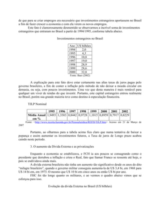 de que para se criar empregos era necessário que investimentos estrangeiros aportassem no Brasil
a fim de fazer crescer a economia e com ela virem os novos empregos.
Este fato é clamorosamente desmentido se observarmos a incrível soma de investimentos
estrangeiros que entraram no Brasil a partir de 1994/1995, conforme tabela abaixo.
Investimentos estrangeiros no Brasil
Ano U$ bilhões
1994 2,0
1995 4,3
1996 10,8
1997 19,0
1998 28,9
1999 28,6
2000 32,8
Fonte: Baer (2002)
A explicação para este fato deve estar certamente nas altas taxas de juros pagas pelo
governo brasileiro, a fim de conter a inflação pelo método de não deixar a moeda circular em
demasia, ou seja, com poucos investimentos. Uma vez que desta maneira é mais rentável para
qualquer um viver de rendas do que investir. Portanto, este capital estrangeiro entrou realmente
no Brasil, porém sua grande maioria teve como destino à especulação financeira.
TJLP Nominal
1995 1996 1997 1998 1999 2000 2001 2002
Média Anual
em %
1,9493 1,3383 0,8442 0,9728 1,1015 0,8959 0,7917 0,8229
Fonte: <http://www.receita.fazenda.gov.br/PessoaJuridica/REFIS/TJLP.htm> Acesso em 21 de Março de
2007
Portanto, ao olharmos para a tabela acima fica claro que numa tentativa de baixar a
popança e assim aumentar os investimentos futuros, a Taxa de juros de Longo prazo acabou
caindo neste período.
3. O aumento da Dívida Externa e as privatizações
Enquanto a economia se estabilizava, e FCH ia aos poucos se consagrando como o
presidente que derrubou a inflação e criou o Real, fato que Itamar Franco se ressente até hoje, o
país se endividava ainda mais.
A divida externa brasileira não tinha um aumento tão significativo desde os anos do dito
“milagre brasileiro”, quando o governo militar conseguiu aumenta-la de U$ 3,4 bi, em 1968 para
U$ 14 bi em, em 1973. O mesmo que U$ 10 bi em cinco anos ou então U$ bi por ano.
FHC foi tão longe quanto os militares, e ao vermos o quadro abaixo vimos que se
esforçou para isso.
Evolução da dívida Externa no Brasil (U$ bilhões)
 