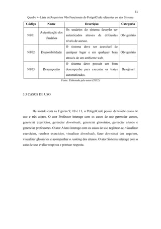 !
!
31!
Quadro 4- Lista de Requisitos Não Funcionais do PotigolCode referentes ao ator Sistema
Código Nome Descrição Categoria
NF01
Autenticação dos
Usuários
Os usuários do sistema deverão ser
autenticados através de diferentes
níveis de acesso.
Obrigatório
NF02 Disponibilidade
O sistema deve ser acessível de
qualquer lugar e em qualquer hora
através de um ambiente web.
Obrigatório
NF03 Desempenho
O sistema deve possuir um bom
desempenho para executar os testes
automatizados.
Desejável
Fonte: Elaborado pelo autor (2012)
3.3 CASOS DE USO
De acordo com as Figuras 9, 10 e 11, o PotigolCode possui dezessete casos de
uso e três atores. O ator Professor interage com os casos de uso gerenciar cursos,
gerenciar exercícios, gerenciar downloads, gerenciar glossários, gerenciar alunos e
gerenciar professores. O ator Aluno interage com os casos de uso registrar-se, visualizar
exercícios, resolver exercícios, visualizar downloads, fazer download dos arquivos,
visualizar glossários e acompanhar o ranking dos alunos. O ator Sistema interage com o
caso de uso avaliar resposta e pontuar resposta.
 