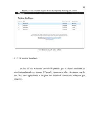 !
!
44!
Figura 23- Tela referente ao caso de uso Acompanhar Ranking dos Alunos
Fonte: Elaborado pelo autor (2012)
3.3.2.7 Visualizar downloads
O caso de uso Visualizar Downloads permite que os alunos consultem os
downloads cadastrados no sistema. A Figura 24 representa as telas referentes ao caso de
uso. Nela está representada a listagem dos downloads disponíveis ordenados por
categorias.
 