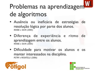 Problemas na aprendizagem
de algoritmos
• Ausência ou ineﬁcácia de estratégias de
resolução lógica por parte dos alunos.
RAABE e SILVA (2005)
• Diferença de experiência e ritmo de
aprendizagem entre os alunos.
RAABE e SILVA (2005)
• Diﬁculdade para motivar os alunos e os
manter interessados na disciplina.
PETRY e ROSATELLI (2006)
 