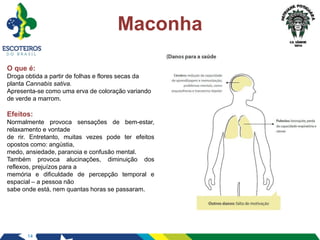 14
Maconha
O que é:
Droga obtida a partir de folhas e flores secas da
planta Cannabis sativa.
Apresenta-se como uma erva de coloração variando
de verde a marrom.
Efeitos:
Normalmente provoca sensações de bem-estar,
relaxamento e vontade
de rir. Entretanto, muitas vezes pode ter efeitos
opostos como: angústia,
medo, ansiedade, paranoia e confusão mental.
Também provoca alucinações, diminuição dos
reflexos, prejuízos para a
memória e dificuldade de percepção temporal e
espacial – a pessoa não
sabe onde está, nem quantas horas se passaram.
 