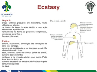 16
Ecstasy
O que é:
Droga sintética produzida em laboratório, muito
utilizada por adeptos
de festas de longa duração, devido a sua ação
estimulante. Apresenta-se
normalmente na forma de pequenos comprimidos,
com cores, tamanhos e
formatos diferentes.
Efeitos:
Euforia, alucinações, diminuição das sensações de
sono e de cansaço,
aumento da socialização e do interesse sexual. Os
efeitos físicos são: boca
seca, náuseas, dores de cabeça, perda de apetite,
aumento dos batimentos
cardíacos e da pressão arterial, entre outros. Pode
levar à morte devido ao
aumento excessivo da temperatura do corpo ou pelo
consumo exagerado
de água.
 