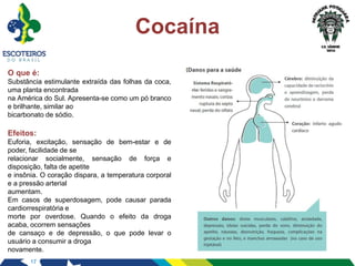 17
Cocaína
O que é:
Substância estimulante extraída das folhas da coca,
uma planta encontrada
na América do Sul. Apresenta-se como um pó branco
e brilhante, similar ao
bicarbonato de sódio.
Efeitos:
Euforia, excitação, sensação de bem-estar e de
poder, facilidade de se
relacionar socialmente, sensação de força e
disposição, falta de apetite
e insônia. O coração dispara, a temperatura corporal
e a pressão arterial
aumentam.
Em casos de superdosagem, pode causar parada
cardiorrespiratória e
morte por overdose. Quando o efeito da droga
acaba, ocorrem sensações
de cansaço e de depressão, o que pode levar o
usuário a consumir a droga
novamente.
 