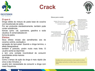 18
Crack
O que é:
Droga obtida da mistura de pasta base de cocaína
com bicarbonato de sódio.
Por ser produzida clandestinamente, também pode
conter substâncias
tóxicas como: cal, querosene, gasolina e soda
cáustica. É comercializada em
forma de pedra.
Efeitos:
Seus efeitos iniciais são semelhantes aos da
cocaína: euforia, excitação e
sensação de bem-estar. Quando a droga termina, o
efeito desagradável
também é parecido, porém muito mais forte. O
usuário sente-se deprimido
e tem uma vontade incontrolável de consumir
quantidades ainda maiores
da droga.
Como o tempo de ação da droga é mais rápido (de
cinco a dez minutos), o
usuário tem necessidade de consumir a droga com
maior frequência.
 