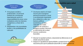 Prerrequisitos para salud
La paz
La educación
La vivienda
La alimentación
La renta
Un ecosistema estable
La justicia social
La equidad
Actuar como
mediador
Promocionar el
concepto
Proporcionar los
medios
 Una buena salud es el mejor
recurso para el progreso
personal económico y social
y una dimensión importante
de a calidad de a vida. Los
factores políticos
económicos, sociales ,
culturales, de medio
ambiente de conducta y
biológicos pueden intervenir
en detrimento de la salud.
 Generar condiciones
favorables
 A los grupos sociales y
profesionales y al personal
sanitario les corresponde
especialmente asumir la
responsabilidad de actuar como
mediadores entre los intereses
antagónicos y a favor de la
salud.
 Adaptándose a las necesidades
locales y a las posibilidades de
cada país.
 Alcanzar la equidad sanitaria, reduciendo las diferencias en el
estado actual de la salud.
 Asegurar la igualdad de oportunidades y proporcionar los medios
necesarios para que la población desarrolle su máximo potencial.
 