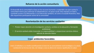 El desarrollo de la comunidad se basa en los recursos humanos y materiales con que cuenta la
comunidad misma para estimular la independencia y el apoyo social. Esto requiere un total y
constante acceso a la información y a la instrucción sanitaria, así como a la ayuda financiera. Para
ello requerimos participación activa de la comunidad
Refuerzo de la acción comunitaria
Reorientación de los servicios sanitarios
• Prestar mayor atención a la investigación sanitaria, cambios en la educación y formación
profesional.
• El servicio sanitario debe trascender su responsabilidad a proporcionar servicios clínicos
además de atención básica
Crear ambientes favorables
Unen al individuo y su medio constituyendo la base de un acercamiento socio-ecológico a la salud,
cambiando las formas de vida, de trabajo y ocio se afecta de manera significativa la salud.
 