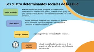 Los cuatro determinantes sociales de la salud
Medio ambiente
Estilos de vida
Biología humana
Atención
sanitaria
factores ambientales físicos, biológicos, de contaminación
atmosférica, de contaminación química, tanto del suelo, agua y aire,
y los factores socio-culturales y psicosociales relacionados con la vida
en común.
hábitos personales y de grupo de la alimentación, actividad
física, adicciones, conductas peligrosas, actividad sexual,
utilización de los servicio de salud, etc.
aspectos genéticos y con la edad de las personas.
calidad, accesibilidad y financiamiento de los
servicios de salud que atienden a los individuos
y poblaciones.
 