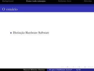 Background Como tudo come¸cou Software livre D´uvidas
O cen´ario
Distin¸c˜ao Hardware Software
Marcel Ribeiro Dantas O que ´e Software Livre? 4/15
 