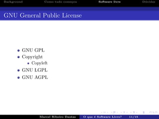 Background Como tudo come¸cou Software livre D´uvidas
GNU General Public License
GNU GPL
Copyright
Copyleft
GNU LGPL
GNU AGPL
Marcel Ribeiro Dantas O que ´e Software Livre? 11/15
 