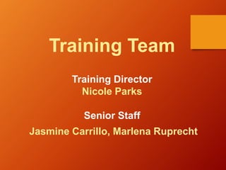 Training Team
Training Director
Nicole Parks
Senior Staff
Jasmine Carrillo, Marlena Ruprecht
 