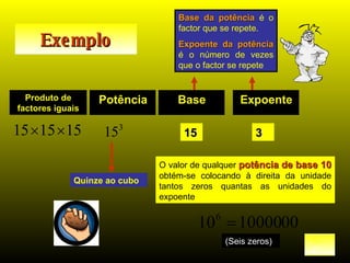 Exemplo Base da potência   é o factor que se repete. Expoente da potência  é o número de vezes que o factor se repete Produto de factores iguais Potência Base Expoente 15 3 Quinze ao cubo O valor de qualquer  potência de base 10  obtém-se colocando à direita da unidade tantos zeros quantas as unidades do expoente (Seis zeros) 