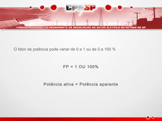 O fator de potência pode variar de 0 a 1 ou de 0 a 100 %
FP = 1 OU 100%
Potência ativa = Potência aparente
 