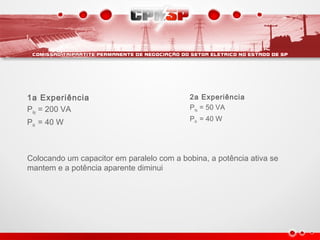 1a Experiência
PAp = 200 VA
PAt = 40 W
Colocando um capacitor em paralelo com a bobina, a potência ativa se
mantem e a potência aparente diminui
2a Experiência
PAp = 50 VA
PAt = 40 W
 