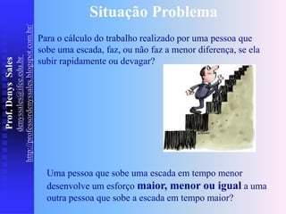 Prof.
Denys
Sales
denyssales@ifce.edu.br
http://professordenyssales.blogspot.com.br/
Uma pessoa que sobe uma escada em tempo menor
desenvolve um esforço maior, menor ou igual a uma
outra pessoa que sobe a escada em tempo maior?
Para o cálculo do trabalho realizado por uma pessoa que
sobe uma escada, faz, ou não faz a menor diferença, se ela
subir rapidamente ou devagar?
Situação Problema
 