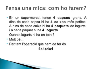  En un supermercat tenen 4 capses grans. A 
dins de cada capsa hi ha 4 caixes més petites. 
A dins de cada caixa hi ha 4 paquets de iogurts, 
i a cada paquet hi ha 4 iogurts 
Quants iogurts hi ha en total? 
 Molt bé... 
 Per tant l’operació que hem de fer és 
4x4x4x4 
 