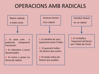 OPERACIONS AMB RADICALS
    Reduir radicals          Extreure factors          Introduir factors
    a índex comú             d’un radical              en un radical




1. Es posa com     a     1. Es divideix els seus    1. Es multiplica
potències d’exponent     exponents entre l’índex.   l’exponent del factor
fraccionari.                                        per l’índex de l’arrel.
                         2. El quocient indica
2. Es redueixen a comú
                         els factors que surten.
denominador.
3. Es torna a posar en   3. El residu indica els
forma de radical.        factors que queden.
 