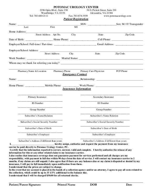 Potomac Urology Center Patient Registration Form