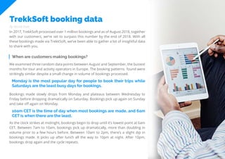 11
Travel
Trend
Report
2019
TrekkSoft booking data
In 2017, TrekkSoft processed over 1 million bookings and as of August 2018, together
with our customers, we’re set to surpass this number by the end of 2018. With all
these bookings made via TrekkSoft, we’ve been able to gather a lot of insightful data
to share with you.
By Nicole Kow
When are customers making bookings?
We examined three random data points between August and September, the busiest
months for tour and activity operators in Europe. The booking patterns found were
strikingly similar despite a small change in volume of bookings processed.
Monday is the most popular day for people to book their trips while
Saturdays are the least busy days for bookings.
Bookings made slowly drops from Monday and plateaus between Wednesday to
Friday before dropping dramatically on Saturday. Bookings pick up again on Sunday
and take off again on Monday.
10am CET is the time of day when most bookings are made, and 6am
CET is when there are the least.
As the clock strikes at midnight, bookings begin to drop until it’s lowest point at 6am
CET. Between 7am to 10am, bookings pick up dramatically, more than doubling in
volume prior to a few hours before. Between 10am to 2pm, there’s a slight dip in
bookings made. It picks up after lunch all the way to 10pm at night. After 10pm,
bookings drop again and the cycle repeats.
 
