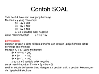 Contoh SOAL
Tulis bentuk baku dari soal yang berbunyi:
Mencari x,y yang memenuhi
5x + 4y ≤ 200
3x + 6y = 180
8x + 5y ≥ 160
x, y ≥ 0 kendala tidak negative
untuk meminimumkan Z = 4x + 5y
penyelesaian:
sisipkan peubah s pada kendala pertama dan peubah t pada kendala ketiga
sehingga soal menjadi:
mencari x, y, s, t yang memenuhi
5x + 4y + s = 200
3x + 6y = 180
8x + 5y - t = 160
x, y, s, t ≥ 0 kendala tidak negative
untuk meminimumkan Z = 4x + 5y + 0s + 0t
soal ini sudah berbentuk baku dengan x,y peubah asli, s peubah kekurangan
dan t peubah kelebihan
 