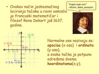 “Cogito ergo sum”
• Ovakav način jednoznačnog           - Mislim, dakle, postojim.
  lociranja tačaka u ravni osmislio
  je francuski matematičar i
  filozof Rene Dekart još 1637.
  godine.



                       Normalne ose nazivaju se:
                       apscisa (x osa) i ordinata
                       (y osa),
                       a svaka tačka je potpuno
                       određena dvema
                       koordinatama(x,y).
 