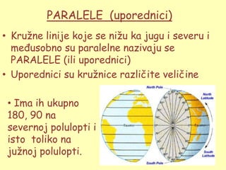 PARALELE (uporednici)
• Kruţne linije koje se niţu ka jugu i severu i
  međusobno su paralelne nazivaju se
  PARALELE (ili uporednici)
• Uporednici su kruţnice različite veličine

 • Ima ih ukupno
 180, 90 na
 severnoj polulopti i
 isto toliko na
 juţnoj polulopti.
 