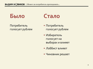 | Может ли потребитель претендовать…
8
Было
Потребитель
голосует рублем
Стало
• Потребитель
голосует рублем
• Избиратель
голосует на
выборах и влияет
• Лоббист влияет
• Чиновник решает
 