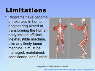 Copyright © 2006 PE Resources LimitedCopyright © 2006 PE Resources Limited
LimitationsLimitations
 Programs have becomePrograms have become
an exercise in humanan exercise in human
engineering aimed atengineering aimed at
transforming the humantransforming the human
body into an efficient,body into an efficient,
inexhaustible machine.inexhaustible machine.
Like any finely tunedLike any finely tuned
machine, it must bemachine, it must be
managed, maintained,managed, maintained,
conditioned, and fueled.conditioned, and fueled.
http://www.rcscs.uottawa.ca/Employee Fitness Programs.pdf
 
