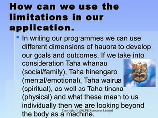 Copyright © 2006 PE Resources LimitedCopyright © 2006 PE Resources Limited
How can we use theHow can we use the
limitations in ourlimitations in our
application.application.
 In writing our programmes we can useIn writing our programmes we can use
different dimensions of hauora to developdifferent dimensions of hauora to develop
our goals and outcomes. If we take intoour goals and outcomes. If we take into
consideration Taha whanauconsideration Taha whanau
(social/family), Taha hinengaro(social/family), Taha hinengaro
(mental/emotional), Taha wairua(mental/emotional), Taha wairua
(spiritual), as well as Taha tinana(spiritual), as well as Taha tinana
(physical) and what these mean to us(physical) and what these mean to us
individually then we are looking beyondindividually then we are looking beyond
the body as a machine.the body as a machine.
 