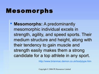 Copyright © 2006 PE Resources LimitedCopyright © 2006 PE Resources Limited
MesomorphsMesomorphs
 Mesomorphs:Mesomorphs: A predominantlyA predominantly
mesomorphic individual excels inmesomorphic individual excels in
strength, agility, and speed sports. Theirstrength, agility, and speed sports. Their
medium structure and height, along withmedium structure and height, along with
their tendency to gain muscle andtheir tendency to gain muscle and
strength easily makes them a strongstrength easily makes them a strong
candidate for a top athlete in any sport.candidate for a top athlete in any sport.
http://www.brianmac.demon.co.uk/bodytype.htm
 