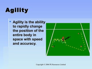 Copyright © 2006 PE Resources LimitedCopyright © 2006 PE Resources Limited
AgilityAgility
 Agility is the ability Agility is the ability 
to rapidly change to rapidly change 
the position of the the position of the 
entire body in entire body in 
space with speed space with speed 
and accuracy.and accuracy.
 