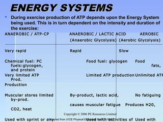 Copyright © 2006 PE Resources LimitedCopyright © 2006 PE Resources Limited
ENERGY SYSTEMSENERGY SYSTEMS
 During exercise production of ATP depends upon the Energy System During exercise production of ATP depends upon the Energy System 
being used. This is in turn dependent on the intensity and duration of being used. This is in turn dependent on the intensity and duration of 
the exercise:the exercise:
ANAEROBIC / ATP-CPANAEROBIC / ATP-CP ANAEROBIC / LACTIC ACIDANAEROBIC / LACTIC ACID AEROBICAEROBIC
(Anaerobic Glycolysis)(Anaerobic Glycolysis) (Aerobic Glycolysis)(Aerobic Glycolysis)
Very rapidVery rapid RapidRapid SlowSlow
Chemical fuel: PCChemical fuel: PC Food fuel: glycogenFood fuel: glycogen FoodFood
fuels:fuels:glycogen,glycogen, fats,fats,
and proteinand protein
Very limited ATPVery limited ATP Limited ATP productionLimited ATP production Unlimited ATPUnlimited ATP
Prod.Prod.
ProductionProduction
Muscular stores limitedMuscular stores limited By-product, lactic acid,By-product, lactic acid, No fatiguingNo fatiguing
by-prod.by-prod.
causes muscular fatigue Produces H20,causes muscular fatigue Produces H20,
CO2, heatCO2, heat
Used with sprint or anyUsed with sprint or any Used with activities ofUsed with activities of Used withUsed withAdapted from (VCE Physical Education Book 2-1999)Adapted from (VCE Physical Education Book 2-1999)
 