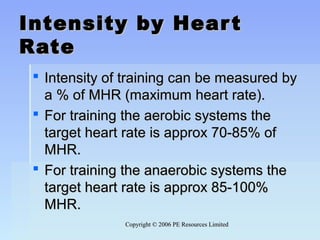 Copyright © 2006 PE Resources LimitedCopyright © 2006 PE Resources Limited
Intensity by HeartIntensity by Heart
RateRate
 Intensity of training can be measured byIntensity of training can be measured by
a % of MHR (maximum heart rate).a % of MHR (maximum heart rate).
 For training the aerobic systems theFor training the aerobic systems the
target heart rate is approx 70-85% oftarget heart rate is approx 70-85% of
MHR.MHR.
 For training the anaerobic systems theFor training the anaerobic systems the
target heart rate is approx 85-100%target heart rate is approx 85-100%
MHR.MHR.
 