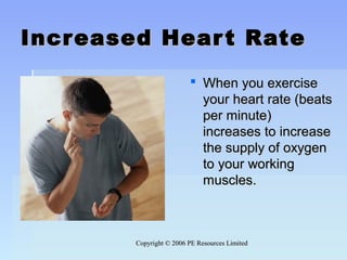 Copyright © 2006 PE Resources LimitedCopyright © 2006 PE Resources Limited
Increased Heart RateIncreased Heart Rate
 When you exerciseWhen you exercise
your heart rate (beatsyour heart rate (beats
per minute)per minute)
increases to increaseincreases to increase
the supply of oxygenthe supply of oxygen
to your workingto your working
muscles.muscles.
 