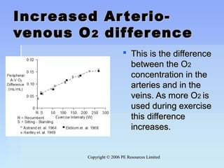 Copyright © 2006 PE Resources LimitedCopyright © 2006 PE Resources Limited
Increased Arterio-Increased Arterio-
venous Ovenous O22 differencedifference
 This is the differenceThis is the difference
between the Obetween the O22
concentration in theconcentration in the
arteries and in thearteries and in the
veins. As more Oveins. As more O22 isis
used during exerciseused during exercise
this differencethis difference
increases.increases.
 