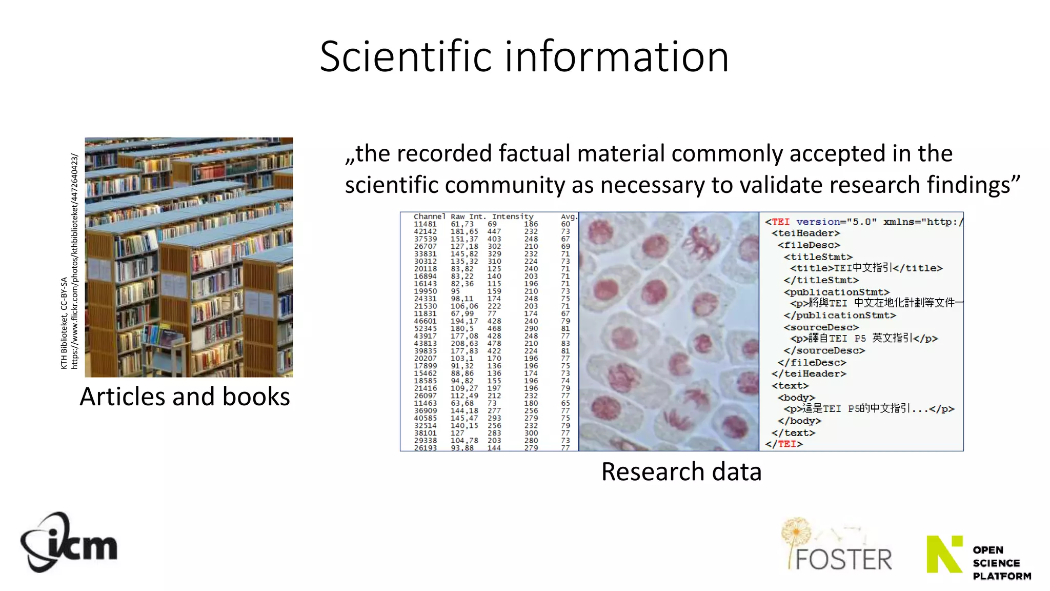 Scientific information
Articles and books
KTHBiblioteket,CC-BY-SA
https://www.flickr.com/photos/kthbiblioteket/4472640423/
Research data
„the recorded factual material commonly accepted in the
scientific community as necessary to validate research findings”
 